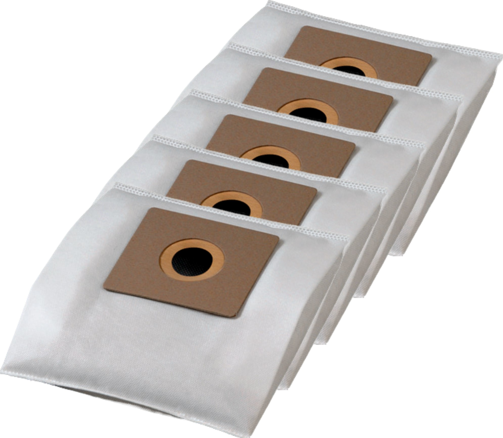 Fünf weiße Staubsaugerbeutel, jeder mit einem braunen Kartoneinlass und einem schwarzen runden Filter.