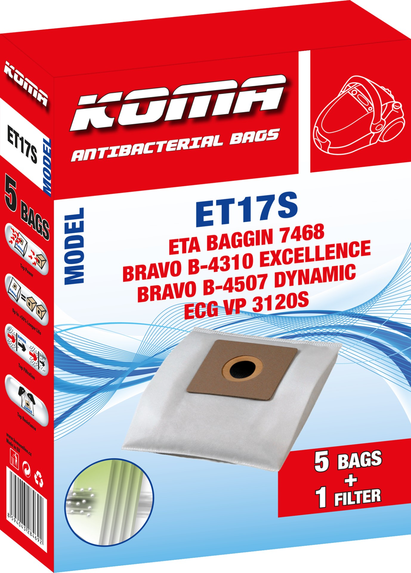 Eine rote und weiße Schachtel mit Koma ET17S Staubsaugerbeuteln mit einem Beutel- und Filterbild. Text enthält Beutelmodellnummern und '5 Beutel + 1 Filter'.
