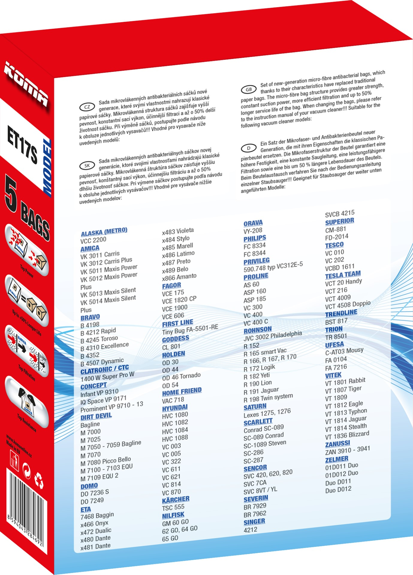 Verpackung für Staubsaugerbeutel. Text und Logos sind vor weißem Hintergrund zu sehen.