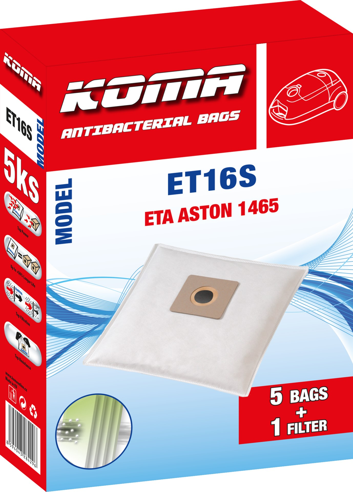 Eine Schachtel mit Koma ET16S Staubsaugerbeuteln, mit einem weißen Beutel und Filter. Text: Antibakterielle Beutel, 5 Beutel + 1 Filter.