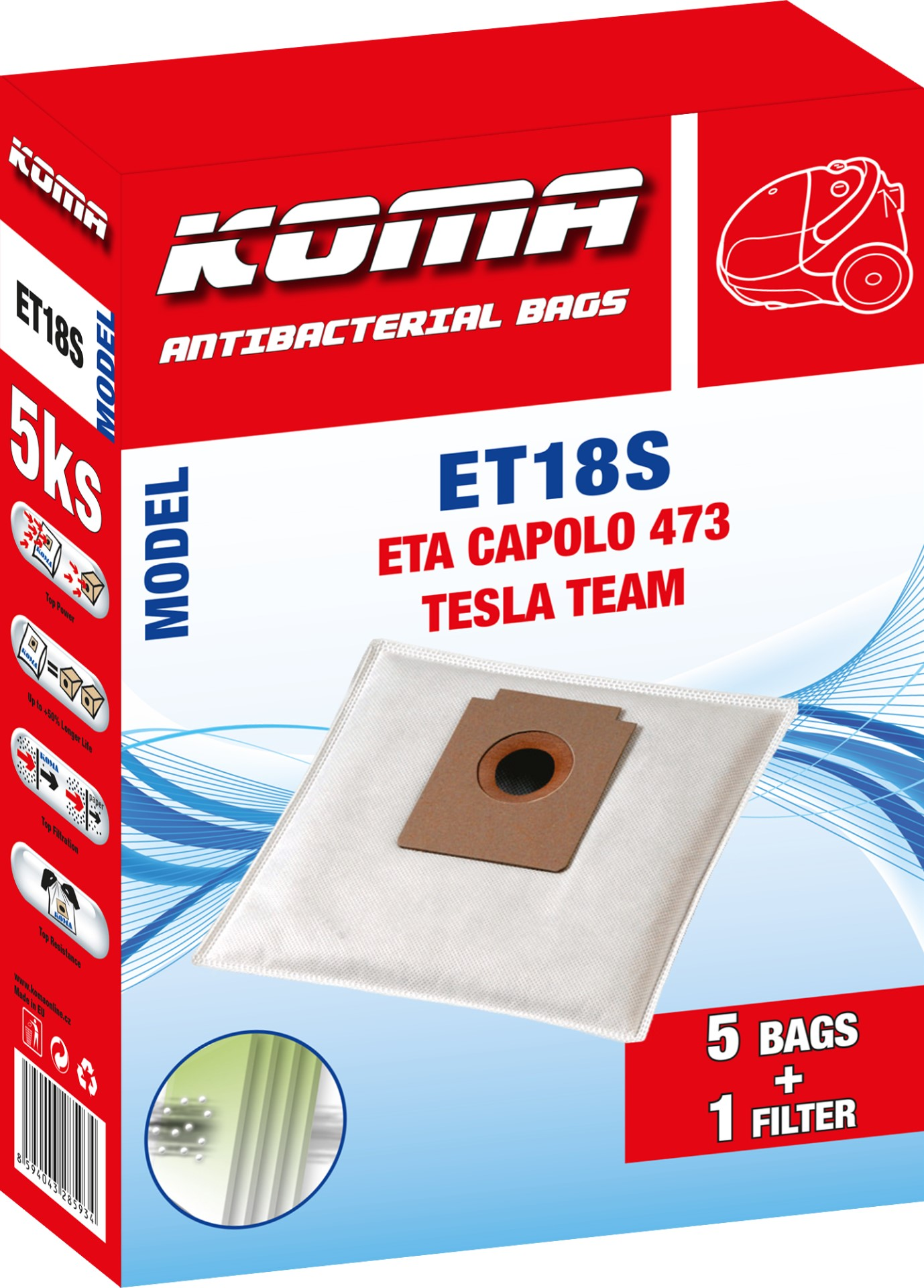 Eine Schachtel für Staubsaugerbeutel. Sie trägt den Markennamen KOMA, Modell ET18S, 5 Beutel + 1 Filter und eine Zeichnung eines Staubsaugers.