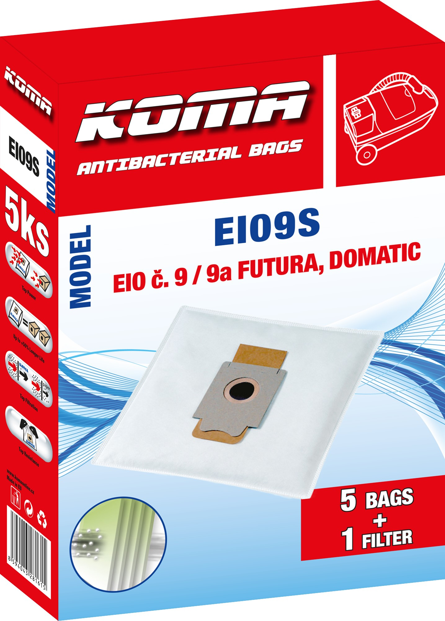 Eine Schachtel mit einem Staubsaugerbeutel. Die Schachtel ist rot und weiß mit "KOMA"-Marke. Text sagt "Antibakterielle Beutel" und "EIO9S".