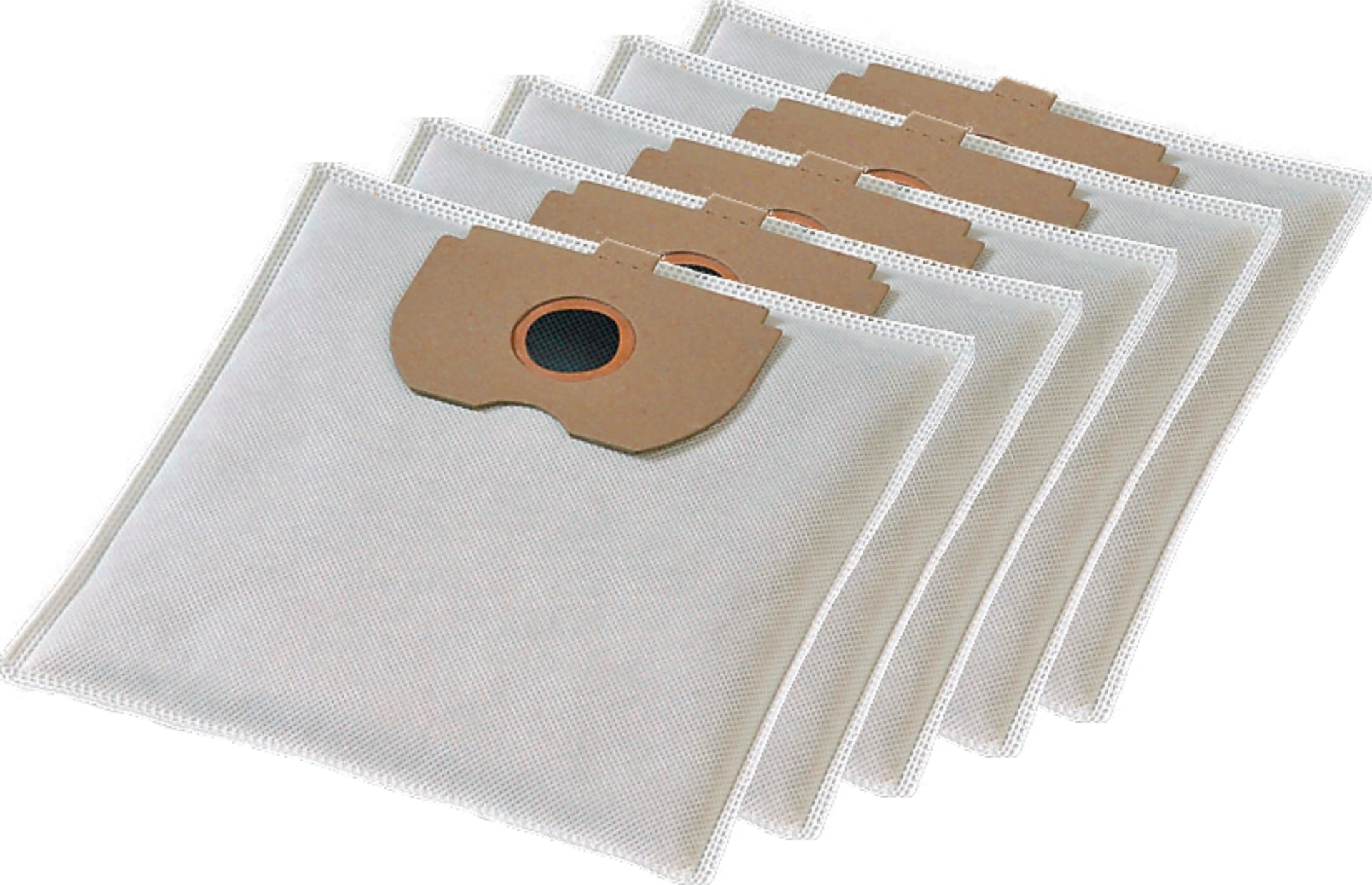 Mehrere weiße Staubsaugerbeutel sind gestapelt. Jeder hat einen braunen Papierrahmen mit einem schwarzen Netz in der Mitte für den Staubsauger.