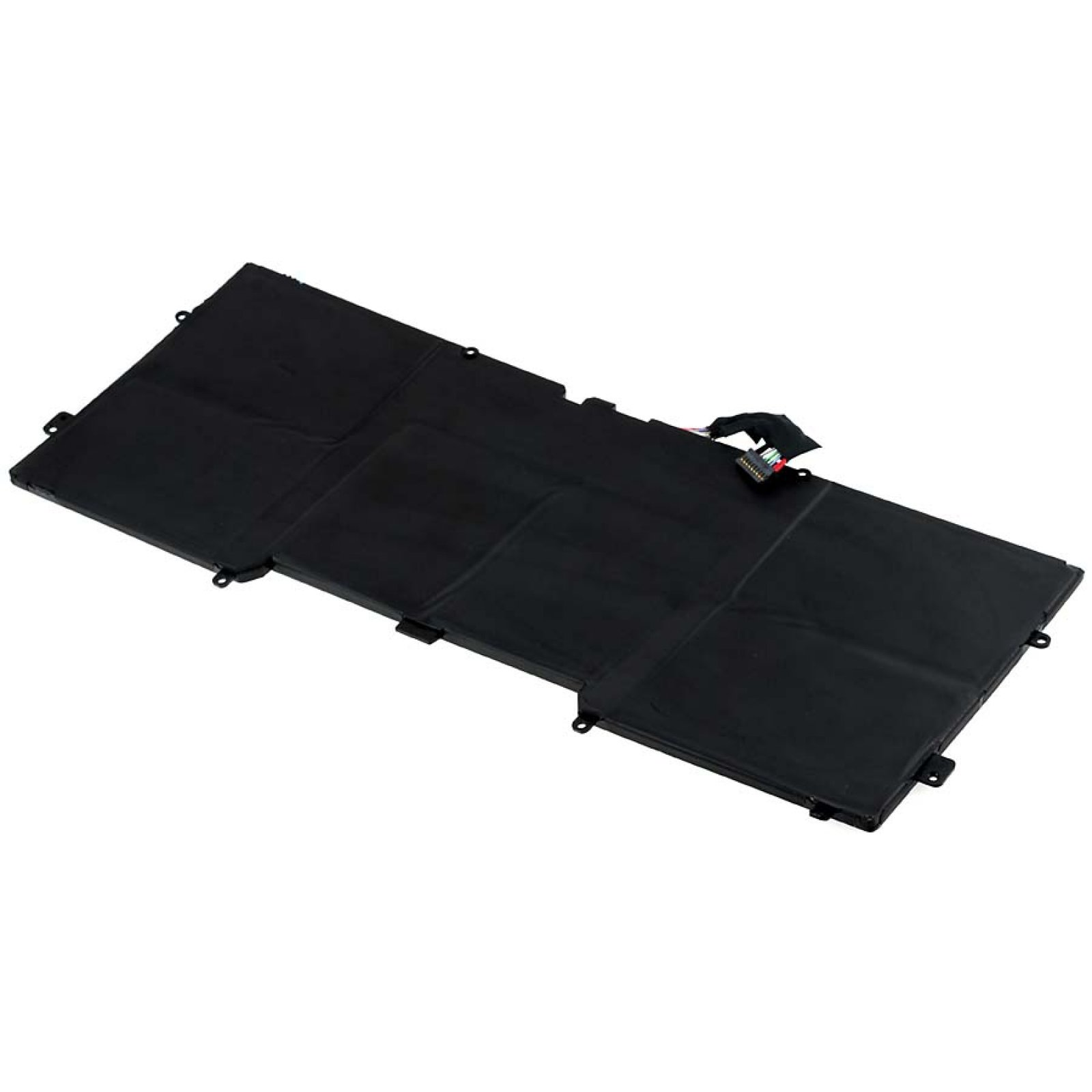 Batería negra de portátil sobre fondo blanco. Forma rectangular, cables conectores visibles.