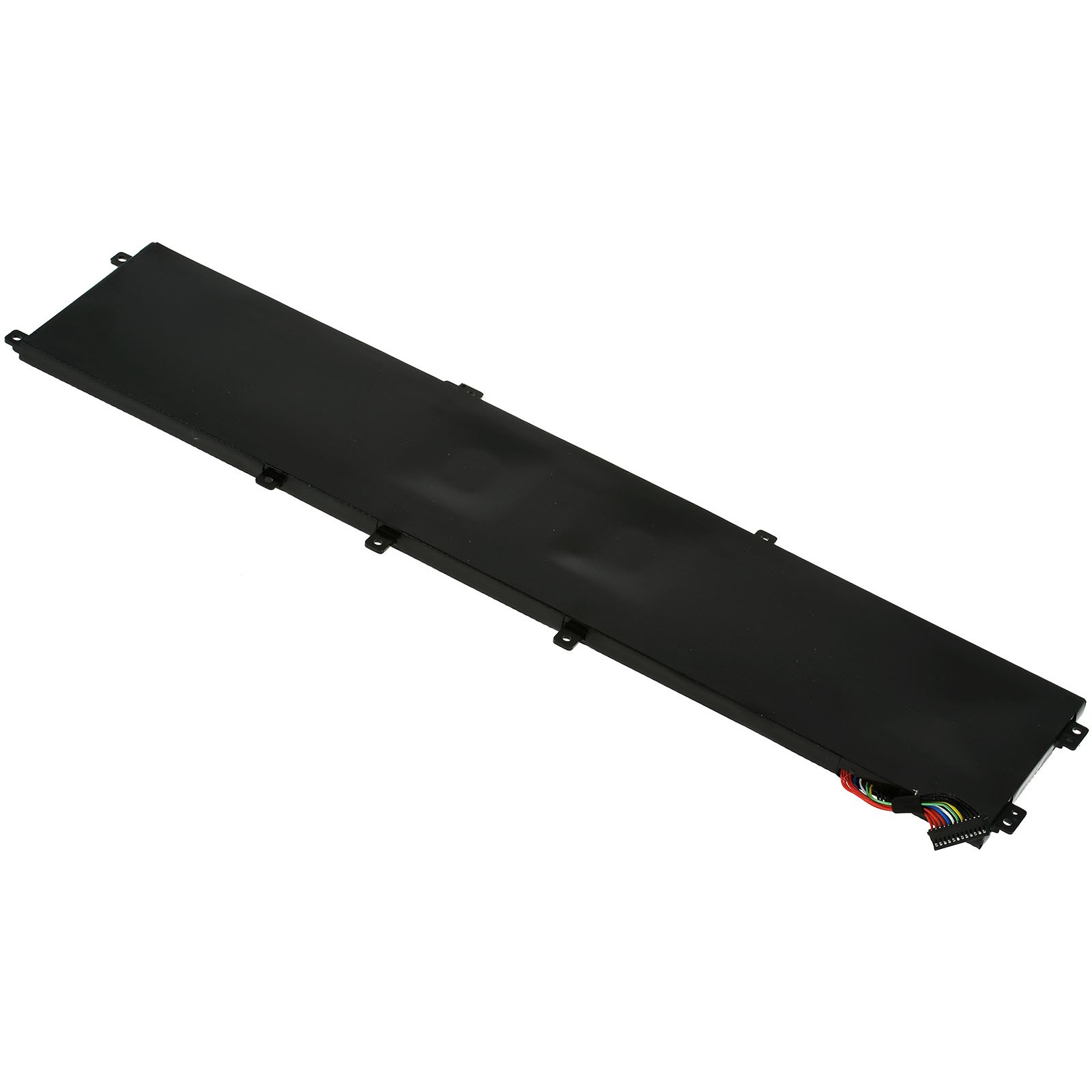 Batería negra para portátil con conectores y un haz de cables de colores, vista en ángulo.