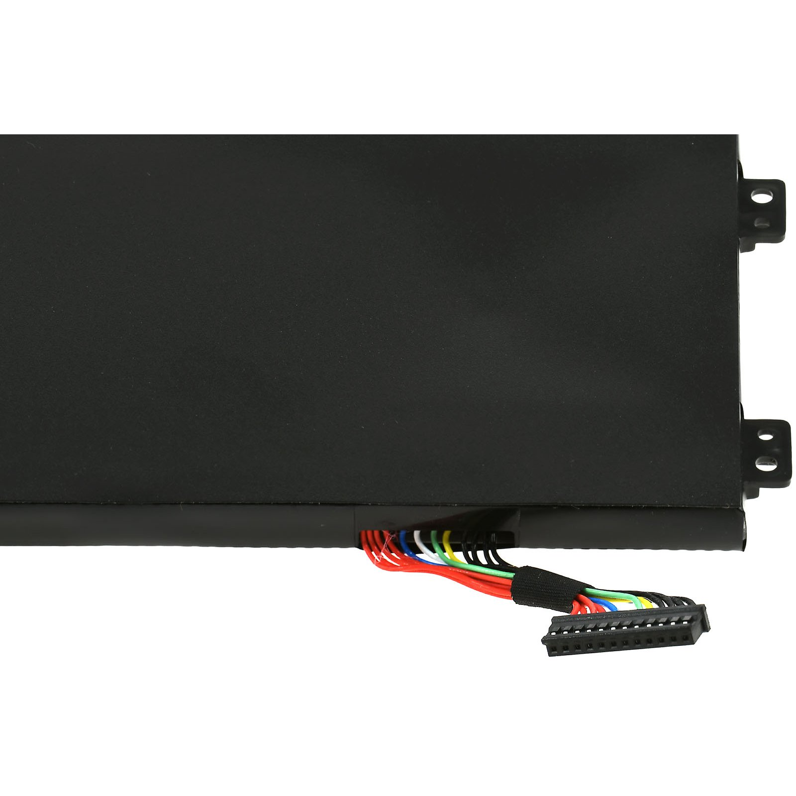 Un paquete de baterías rectangular negro con cables multicolores y un conector.