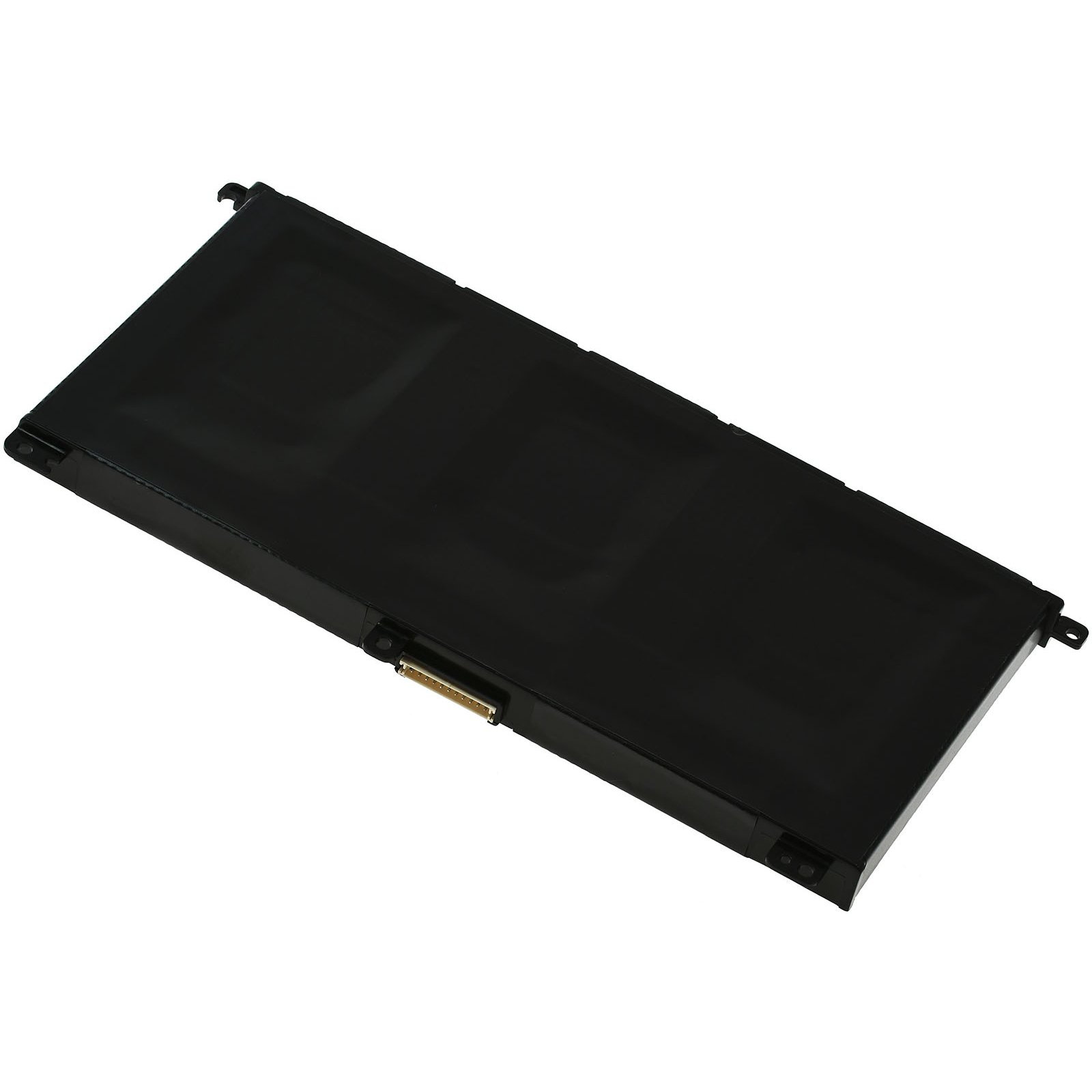 Batería negra para portátil sobre fondo blanco, forma rectangular.