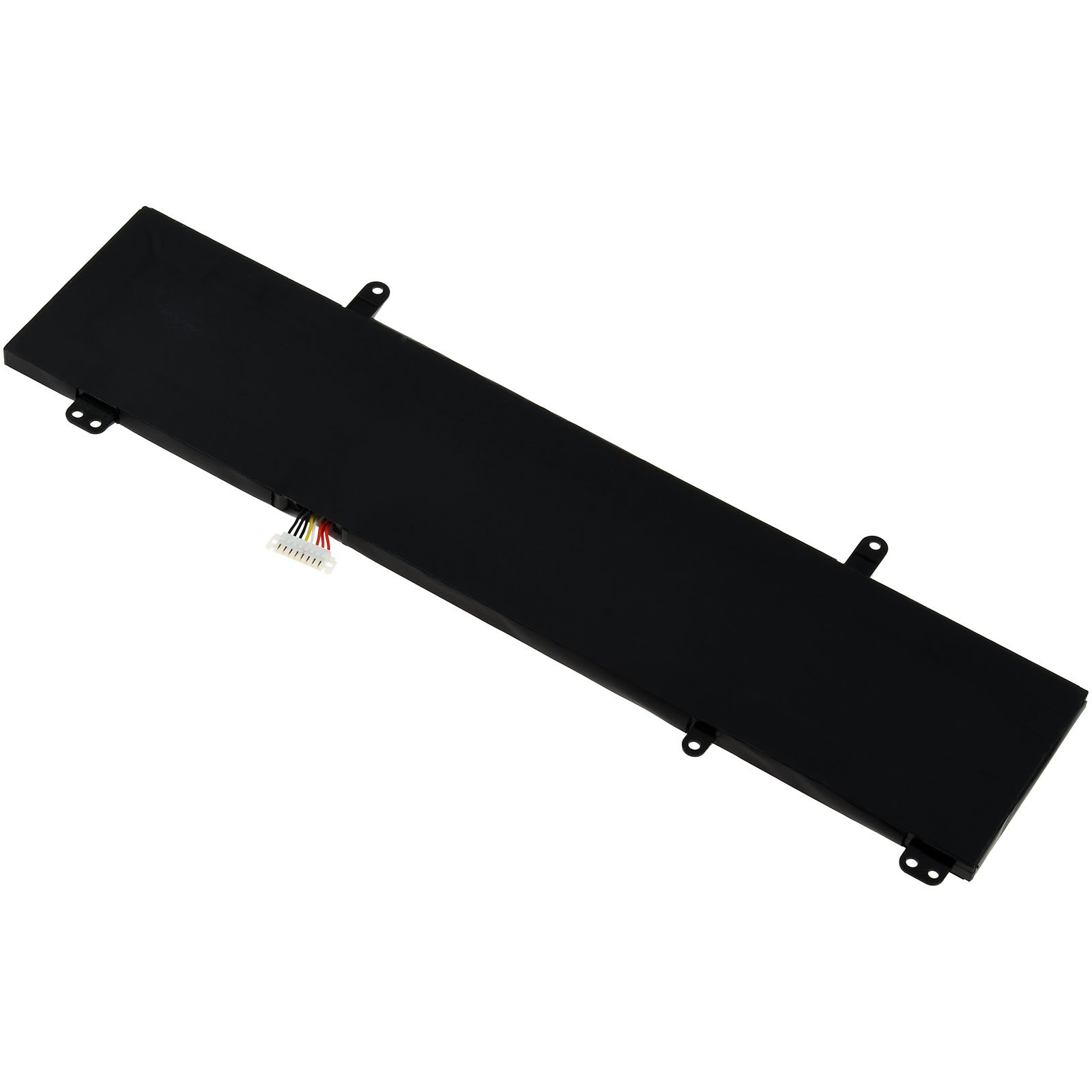 Batería negra para portátil con conectores. Cuerpo negro con una pegatina blanca. Fondo blanco.