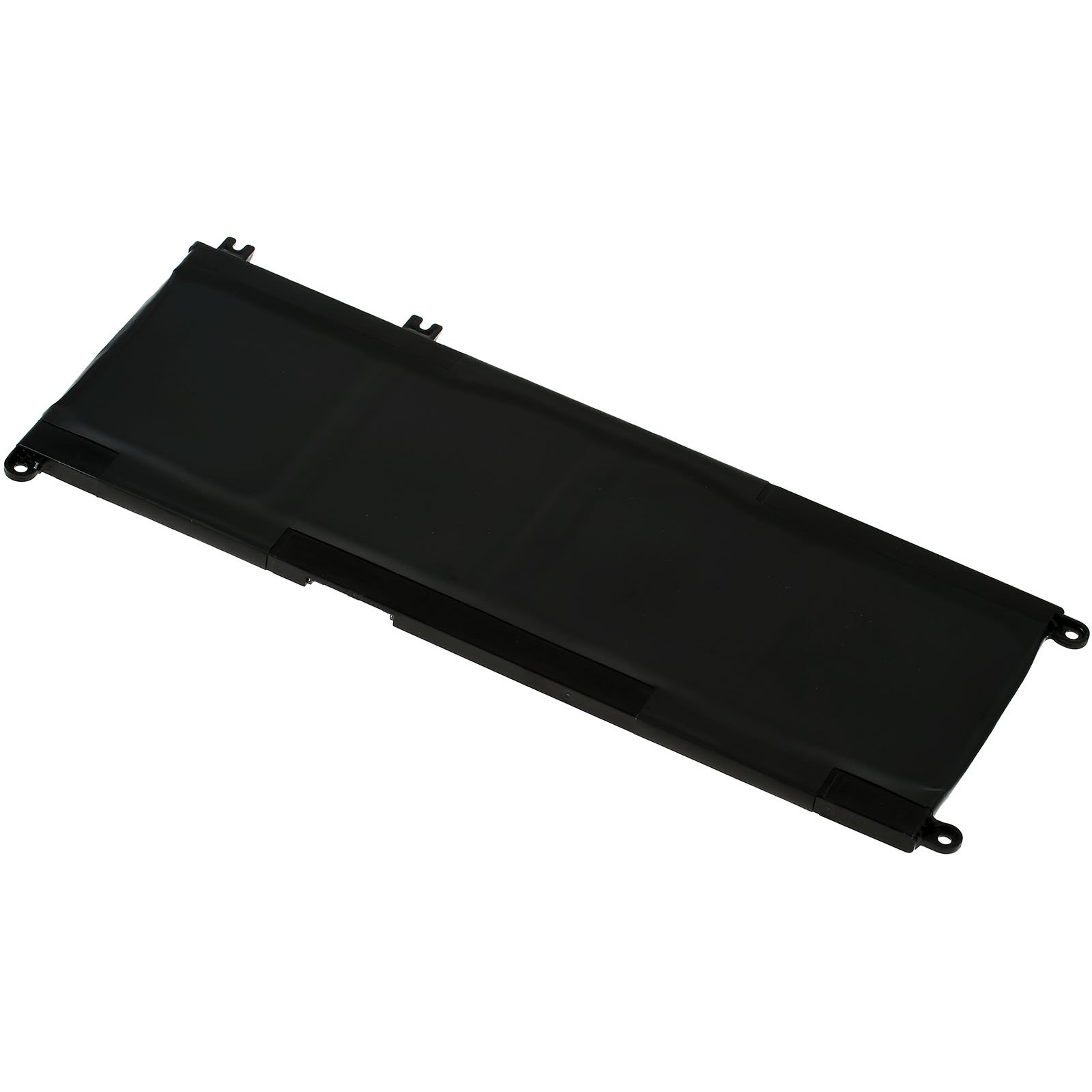 Una batería negra para portátil, forma rectangular, sobre una superficie blanca.