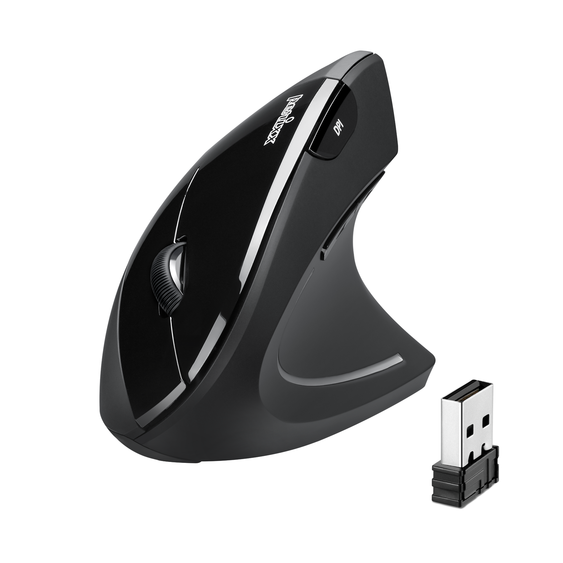 Czarna mysz pionowa z odbiornikiem USB. Posiada kółko przewijania i przyciski.