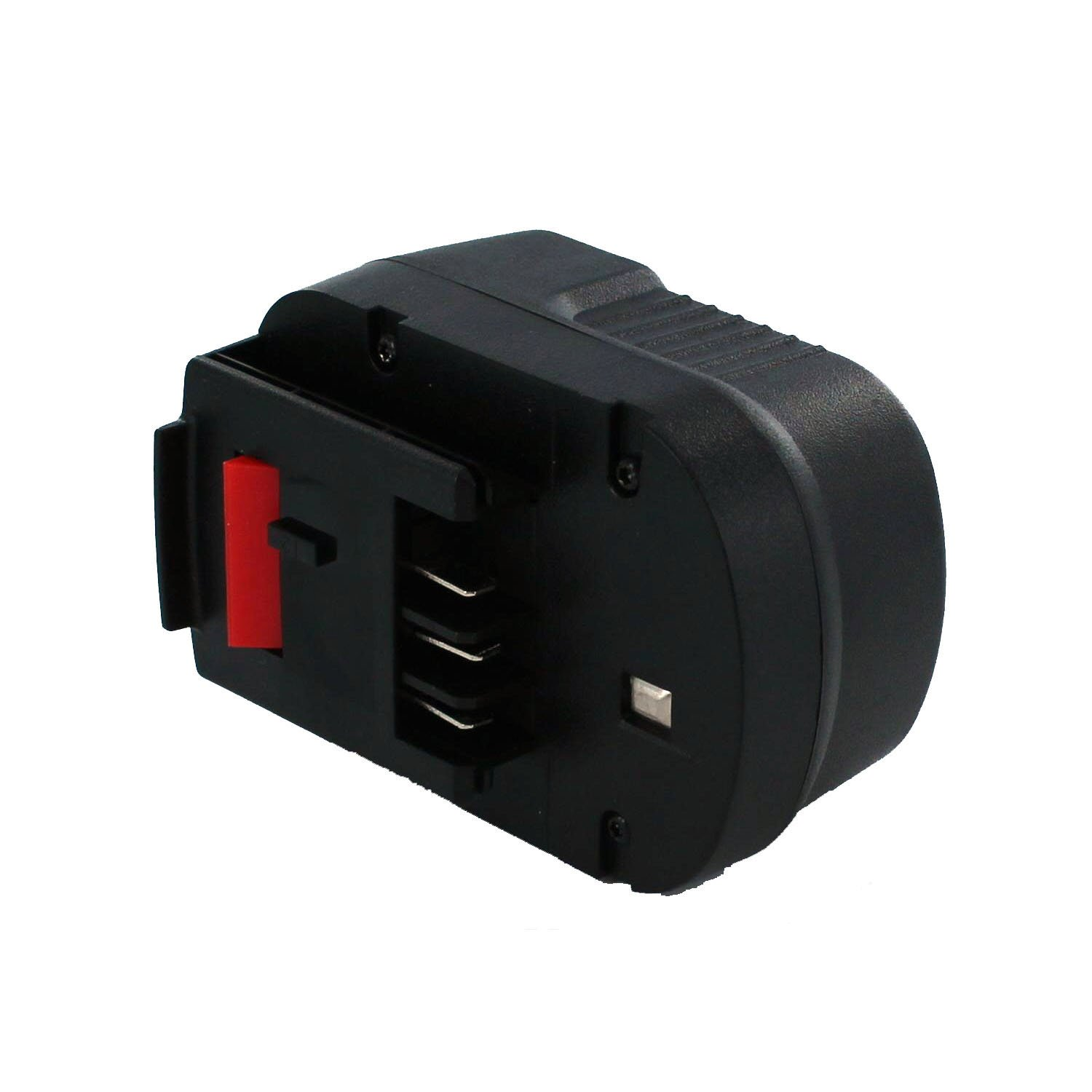 Eine schwarze Batterie mit einem roten Schalter. Die Batterie hat einen weißen Hintergrund.
