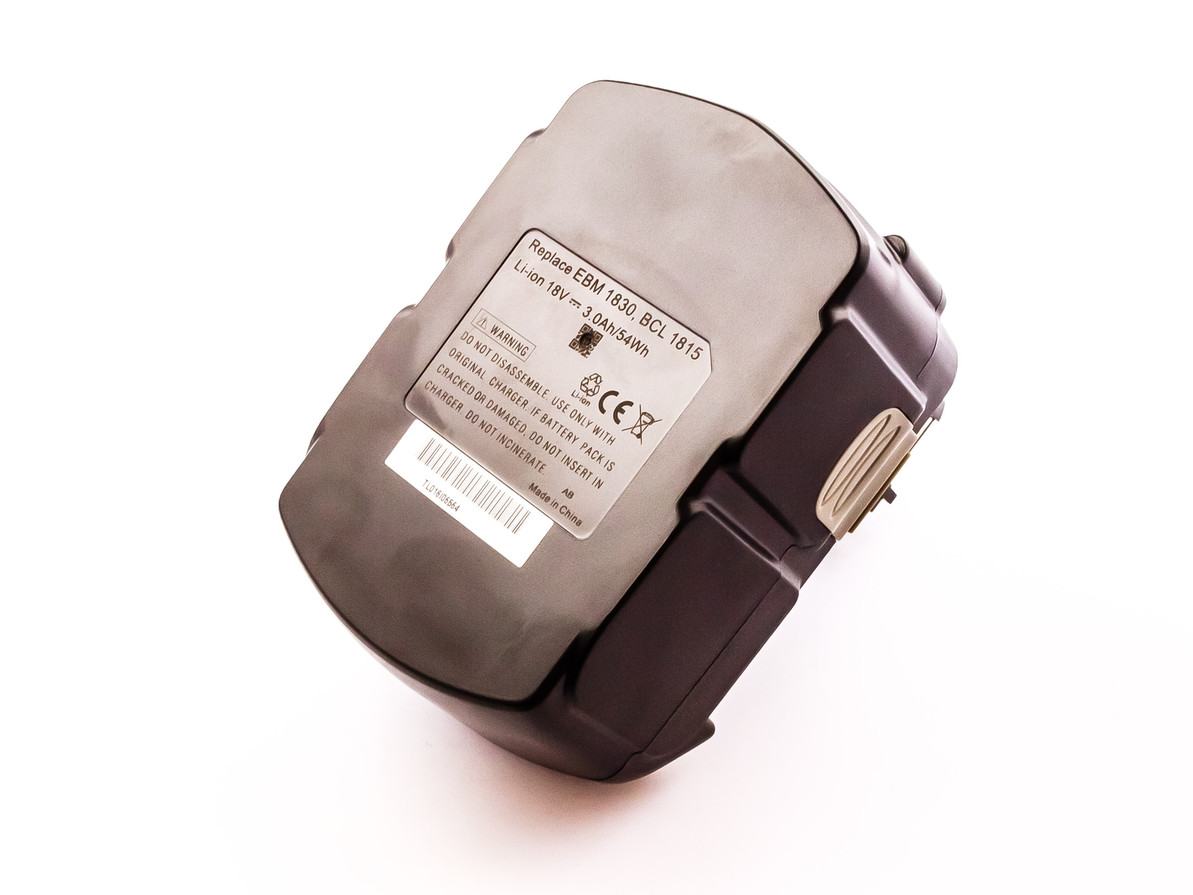 Grauer Akku, mit Etiketten. Es steht Replace EBM 1830, BCL 1815.