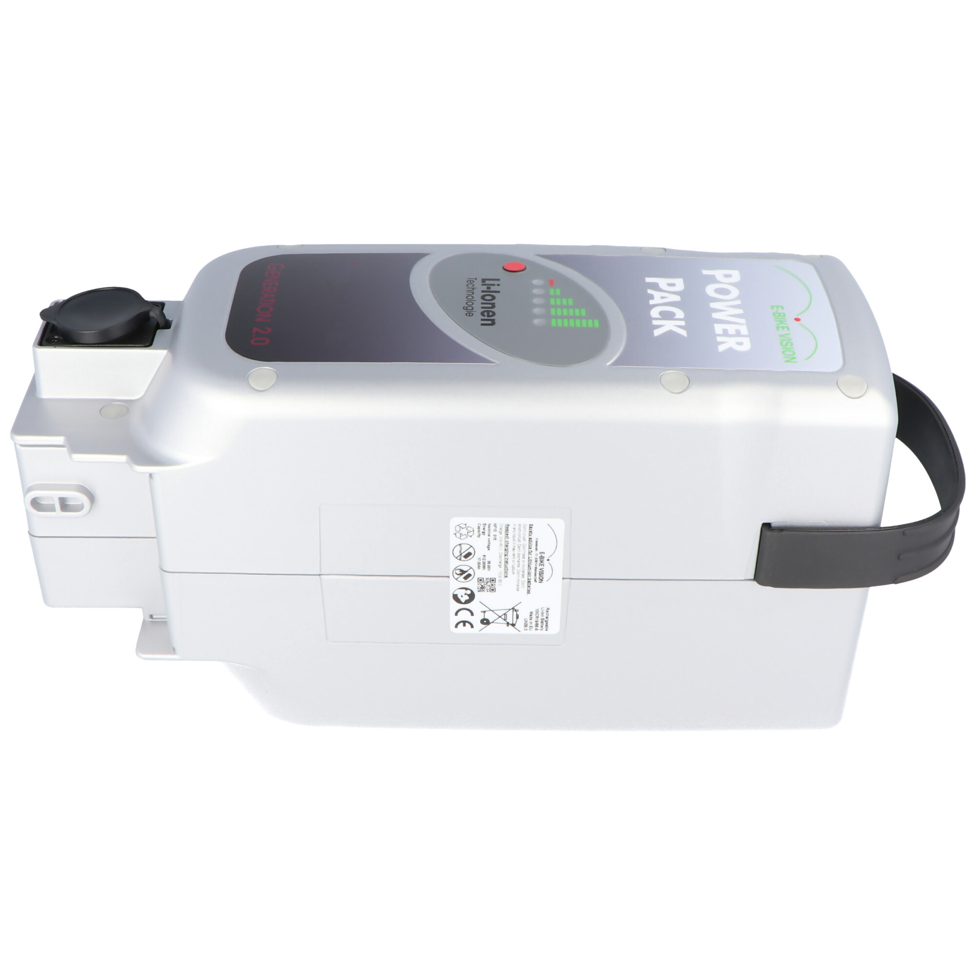 Ein silberner Lithium-Ionen-Akku mit schwarzem Griff und Ladeanzeige.