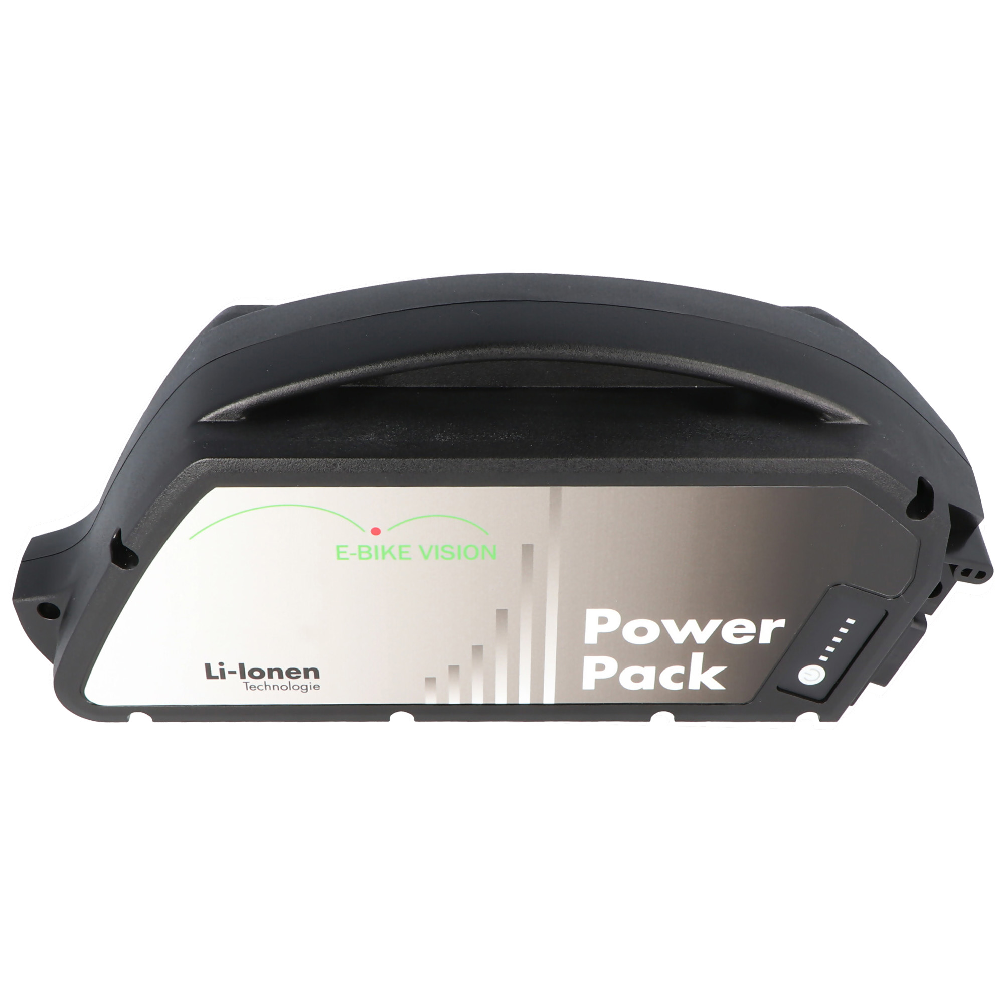 Schwarzer E-Bike Akku mit "Power Pack" Aufschrift und Ladeanzeige.