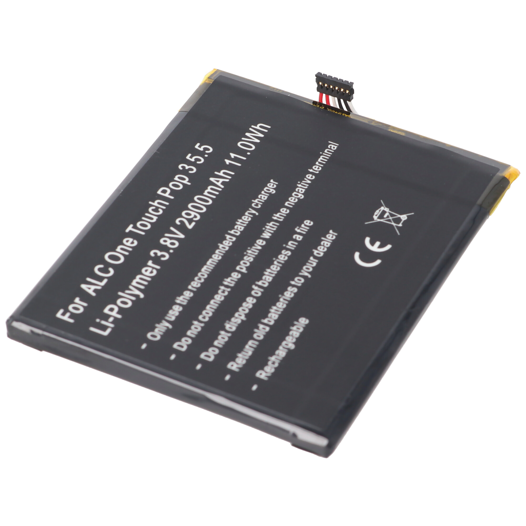 Eine schwarze Li-Polymer-Batterie mit Text und Warnhinweisen auf weißem Grund.