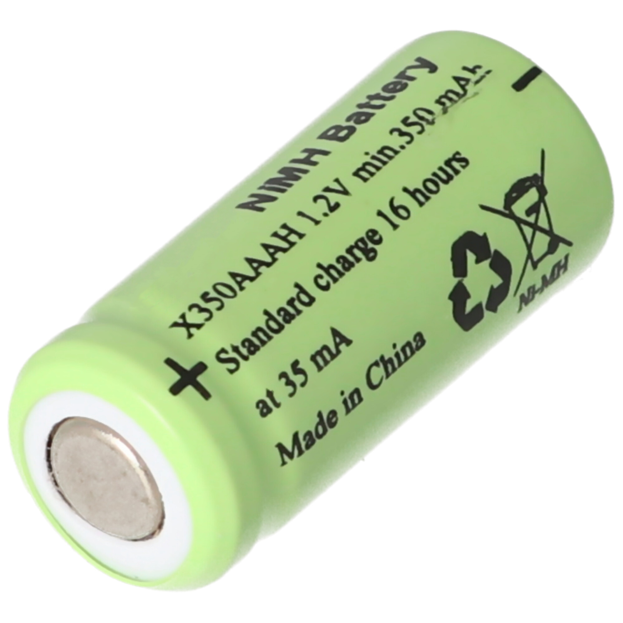 Grüne NIMH-Batterie mit Text darauf. Der Hintergrund ist weiß.
