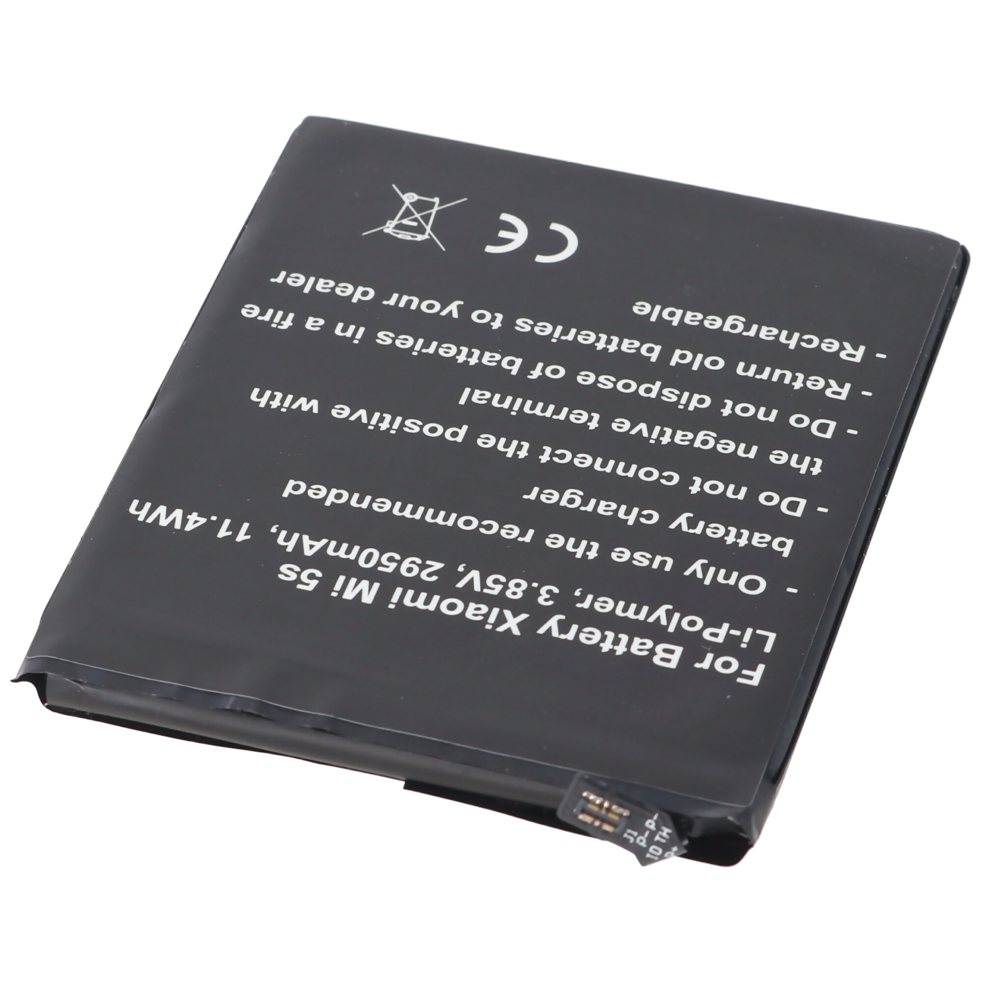 Schwarze Batterie mit Etiketten und Text auf weißem Hintergrund. Die Batterie hat einen Anschluss.