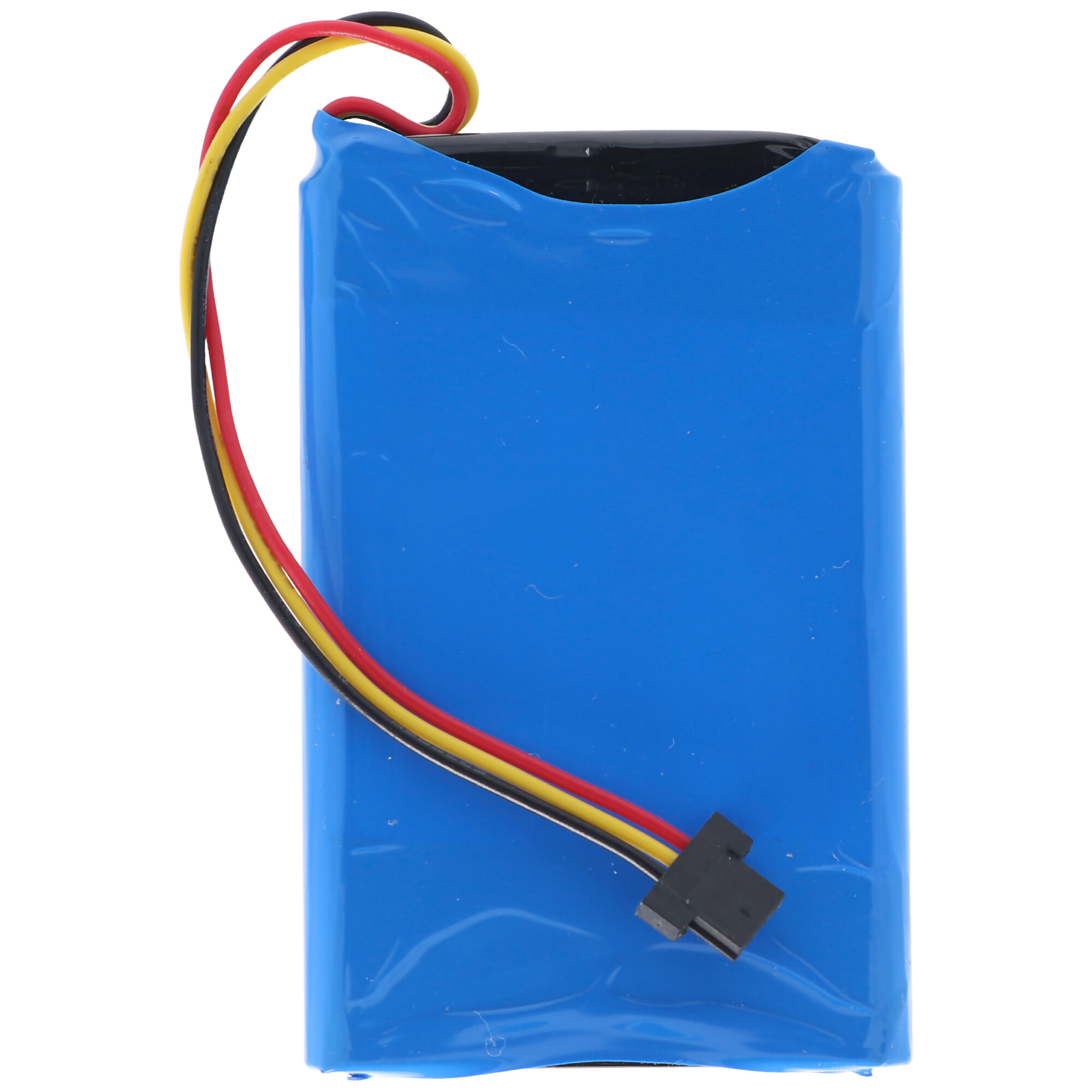 Blaue Batterie mit schwarzen, roten und gelben Drähten und einem Stecker. Weißer Hintergrund.
