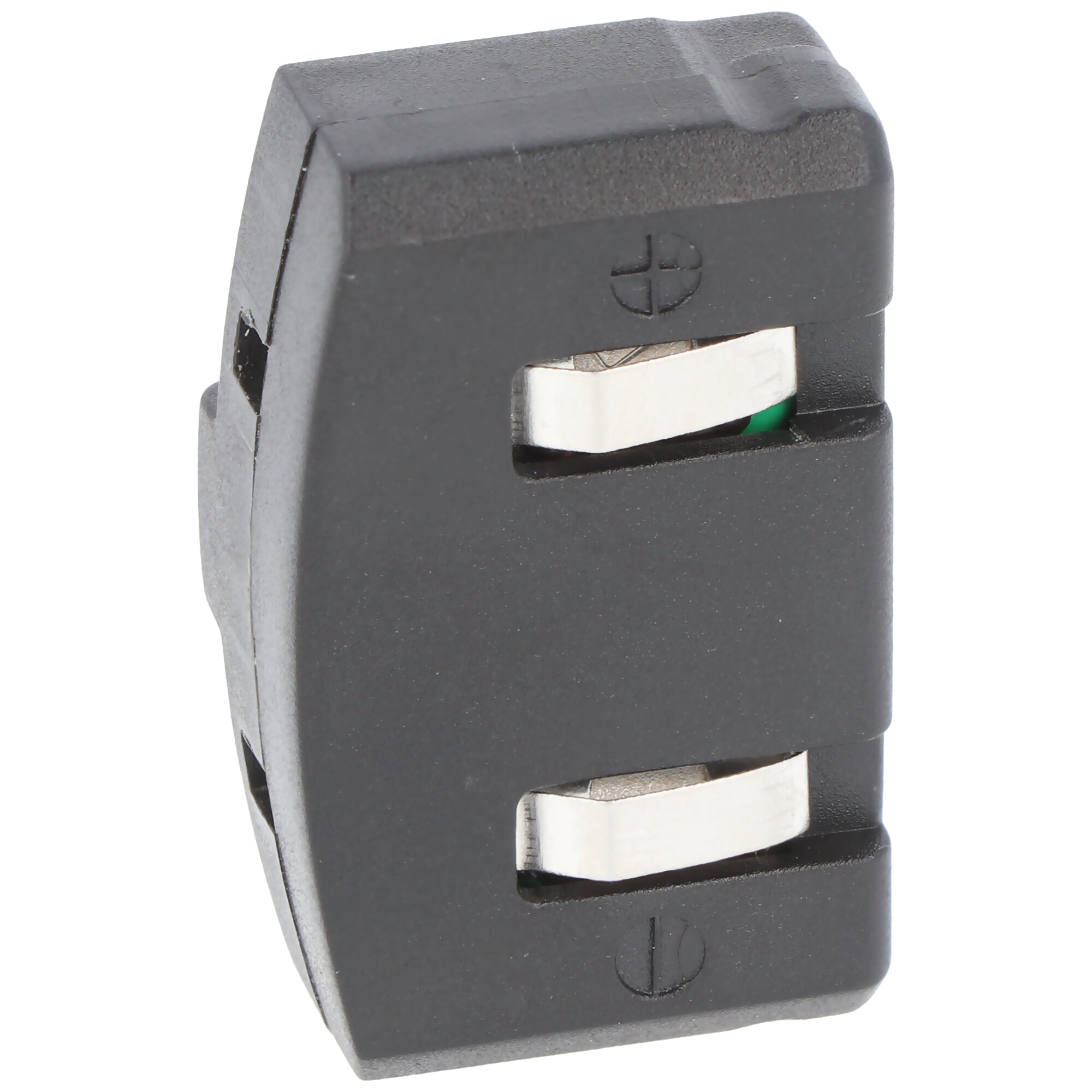 Schwarzer Batterieanschluss mit silbernen Kontakten. Es hat Plus- und Minus-Symbole.