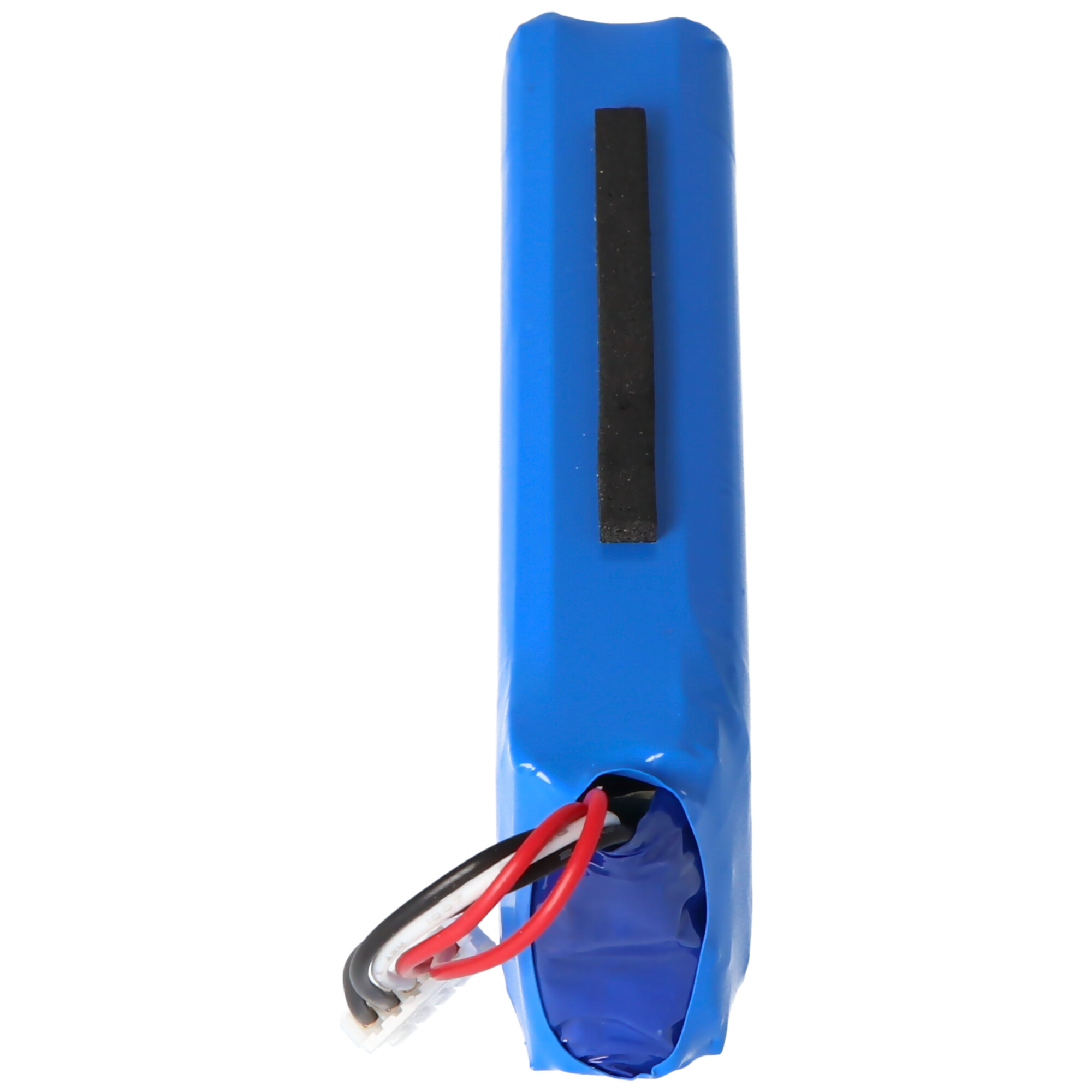 Blaue Batterie mit roten, schwarzen und weißen Drähten. Schwarzer Streifen oben. Weißer Hintergrund.