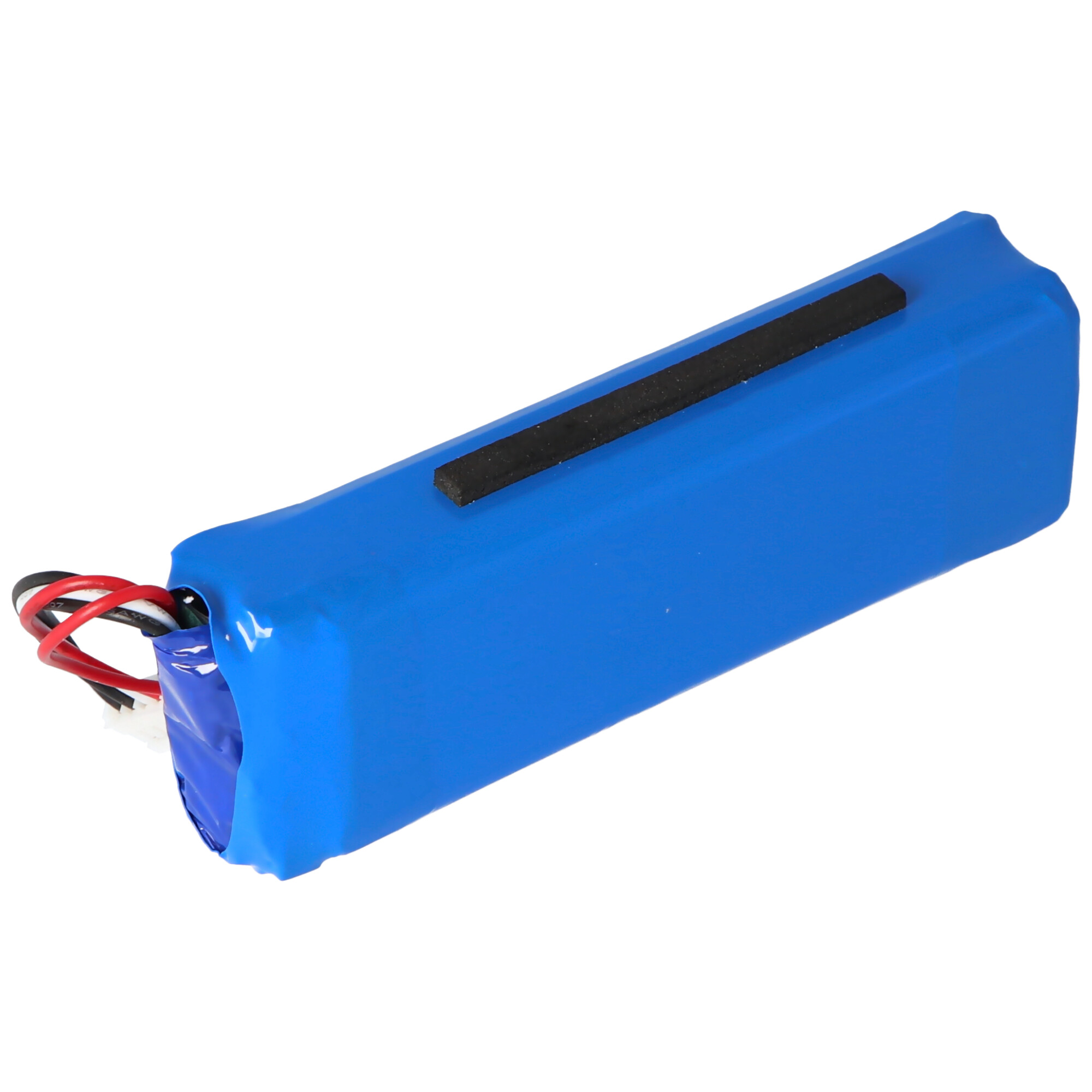 Blaue Batterie. Rechteckige blaue Batterie mit befestigten Drähten, die sich von einer Seite erstrecken.