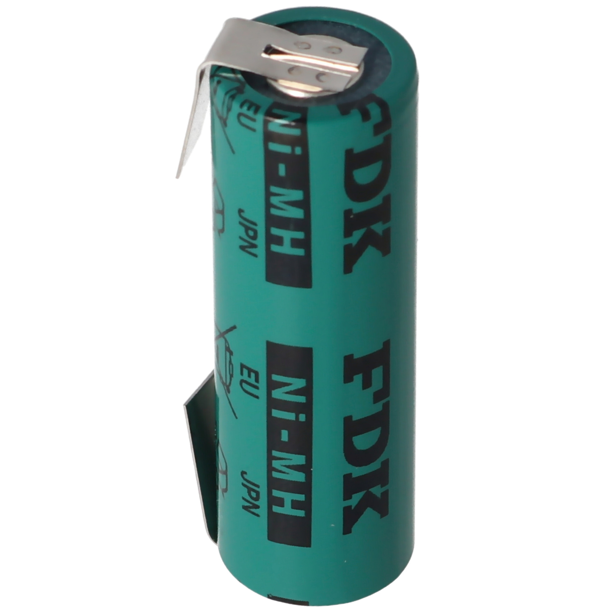 Eine grüne zylindrische Batterie mit schwarzem Text und einem Metallclip oben. Der Text lautet 'FDK Ni-MH'.