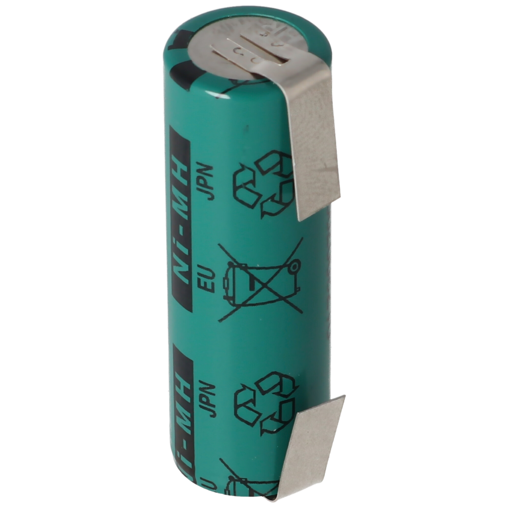 Grüne Ni-MH-Batterie mit Recycling- und Verbotssymbolen. Text: Ni-MH, EU, JPN. Weißer Hintergrund.