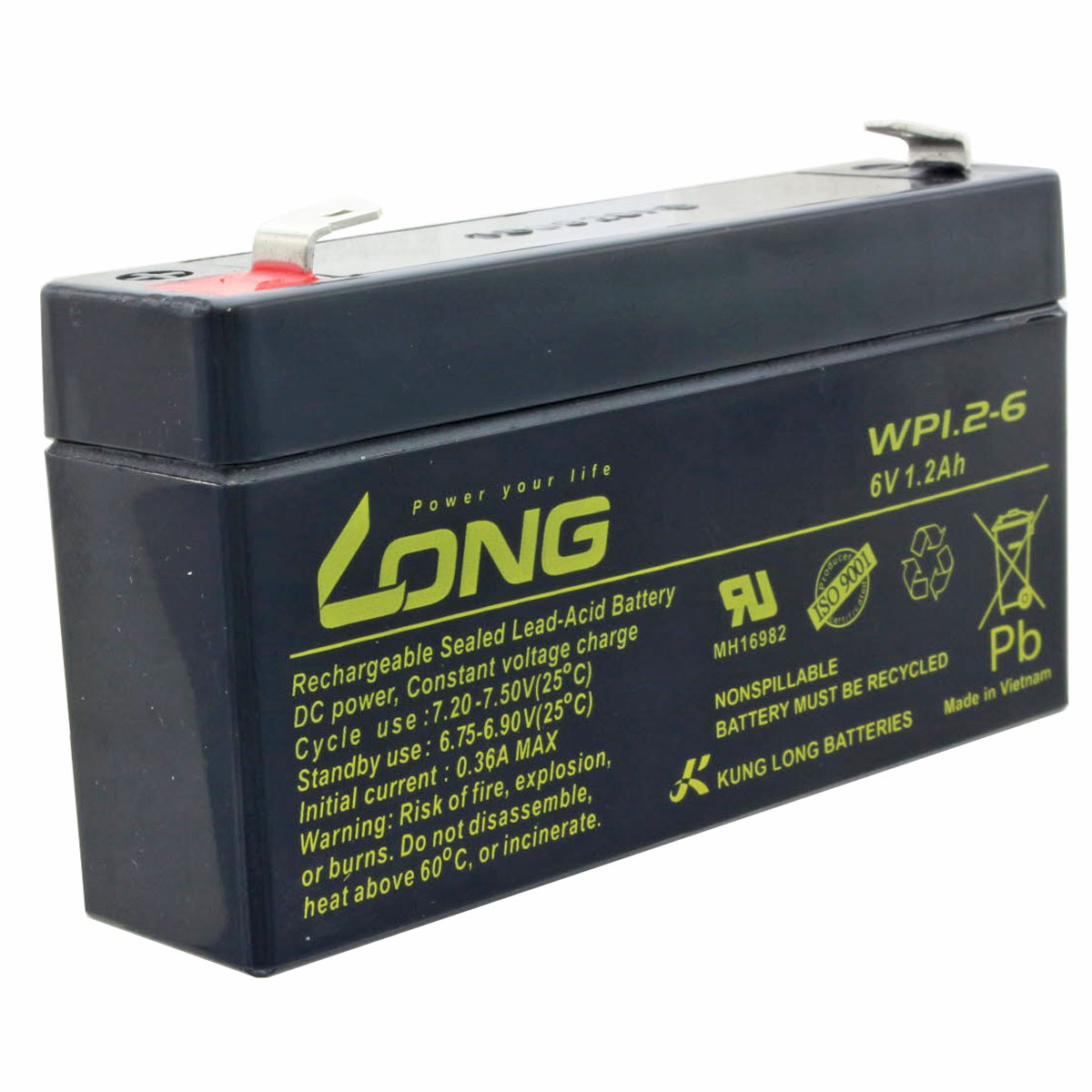Schwarze rechteckige Batterie mit Text. Der Hintergrund ist weiß.