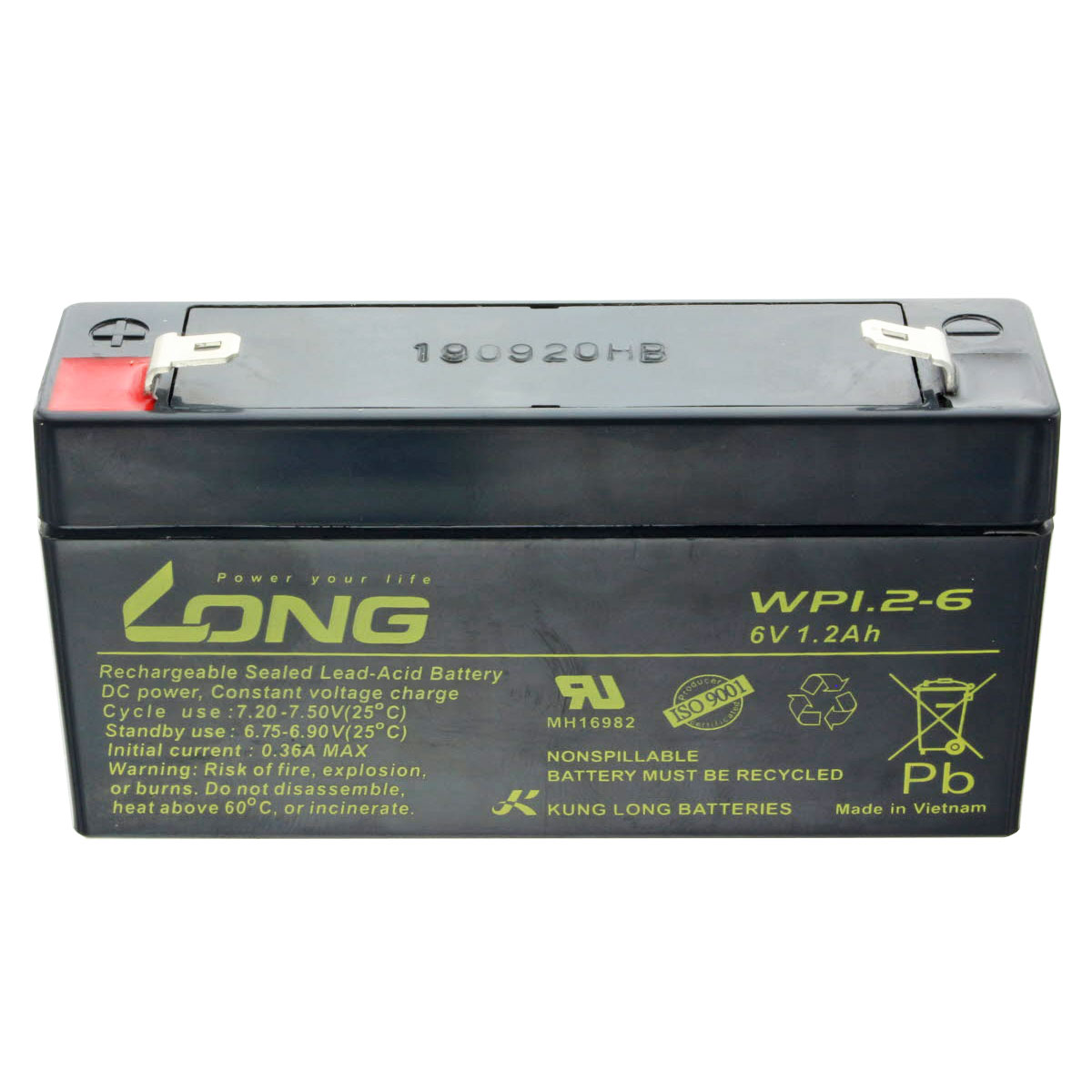 Eine schwarze Batterie mit Text und Symbolen auf weißem Hintergrund.
