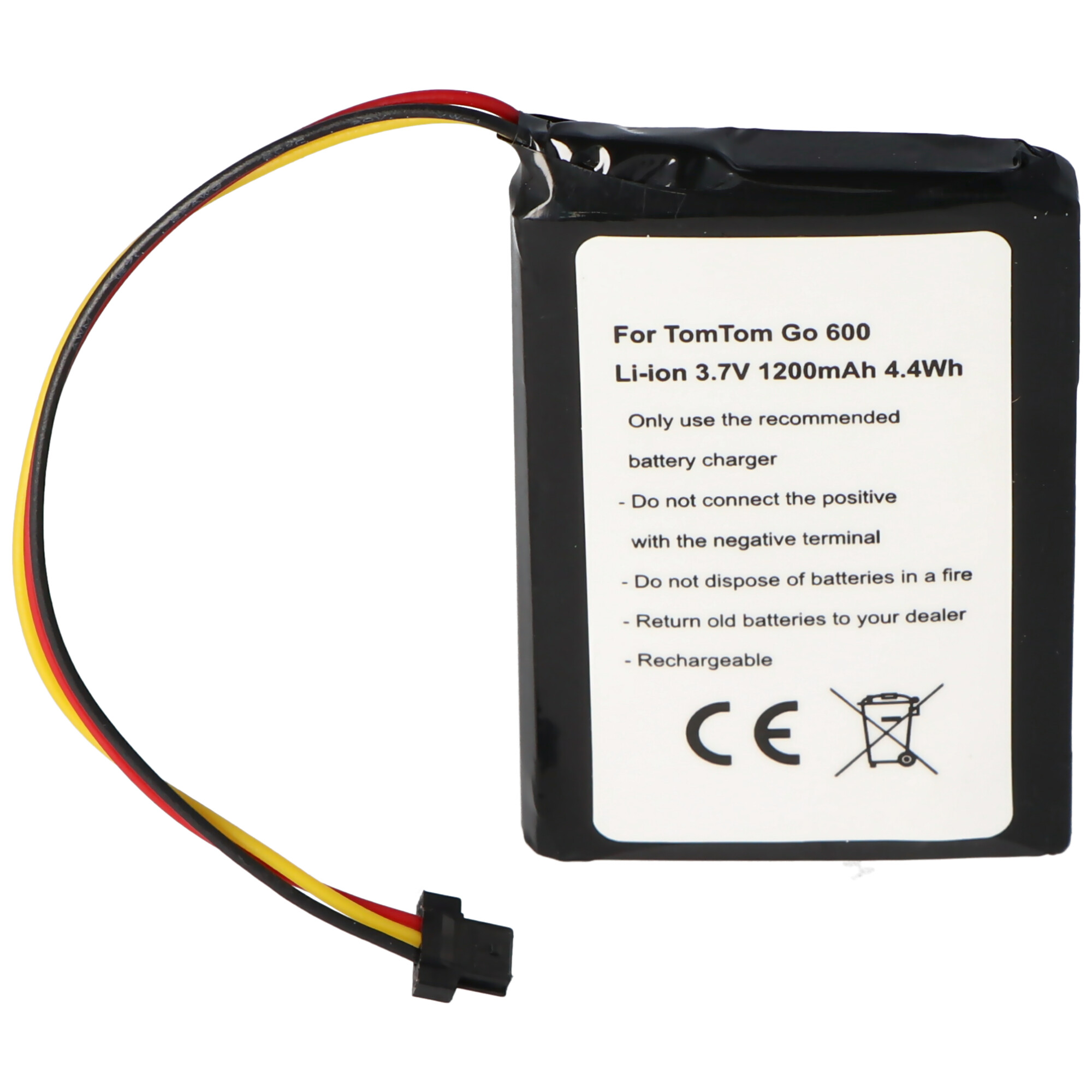 Rechthoekige batterij met een label en een zwarte kabel.