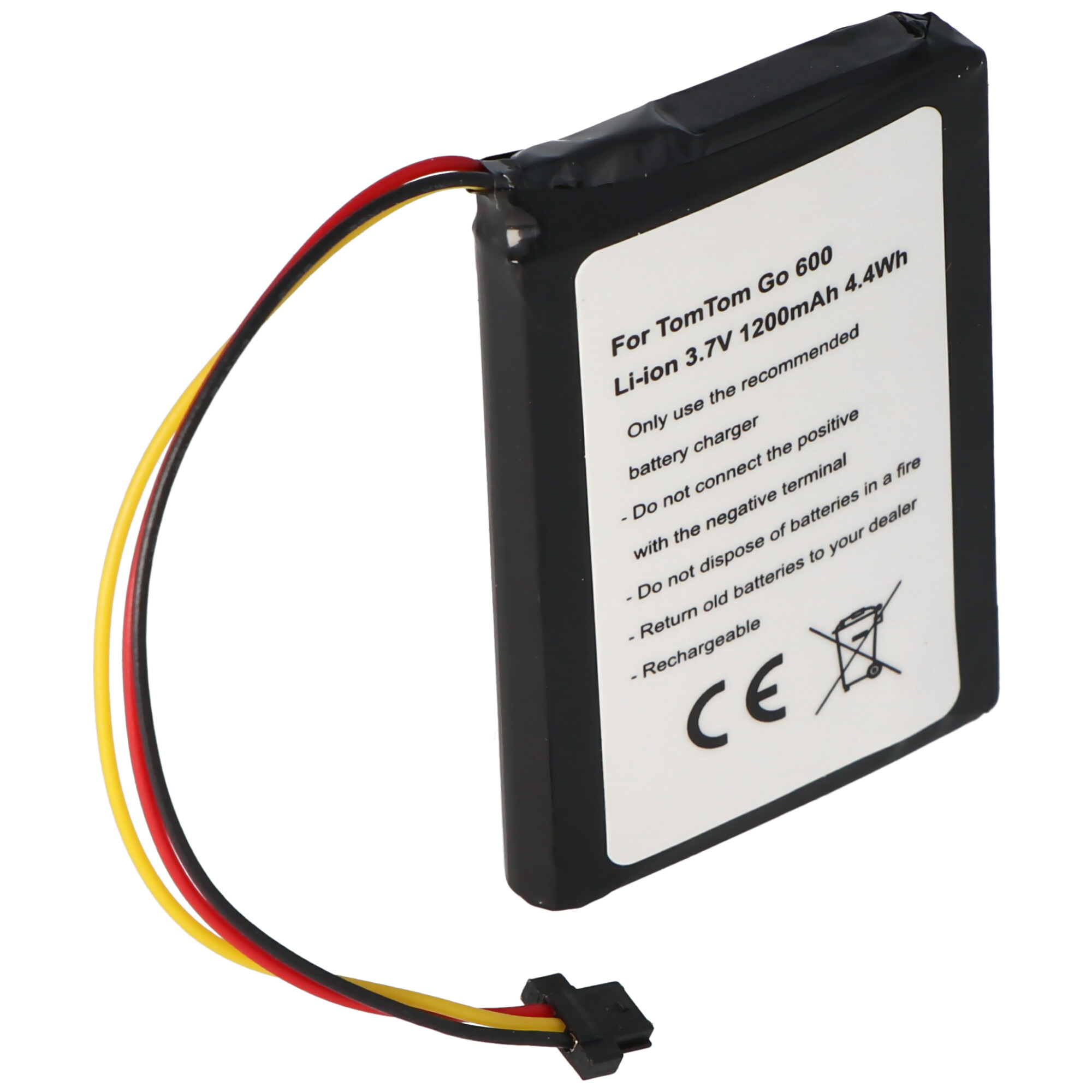 Zwarte rechthoekige batterij met een label. Draden met een connector zijn bevestigd. Witte achtergrond.