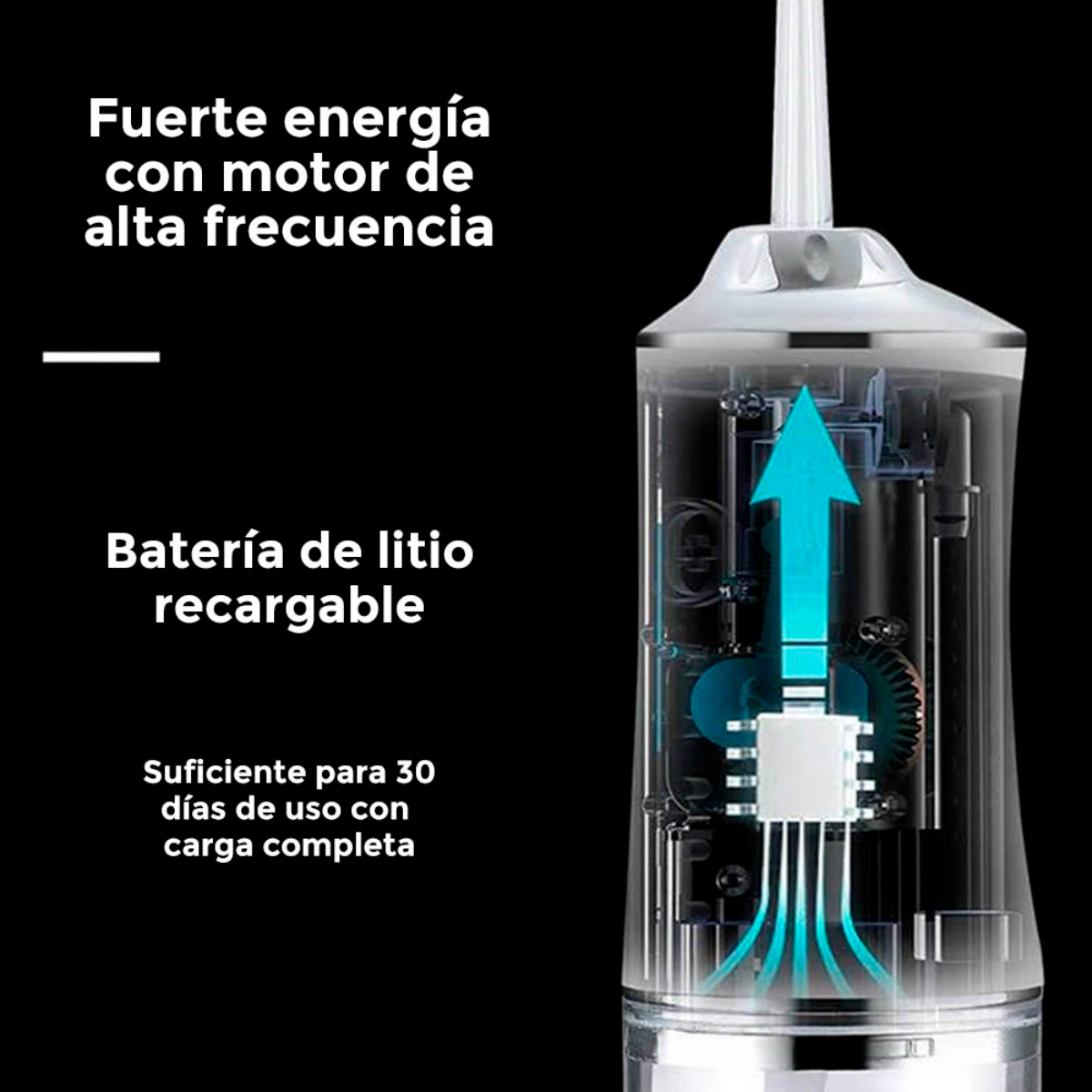 Primer plano de un irrigador oral blanco y plateado, con texto y flecha azul.