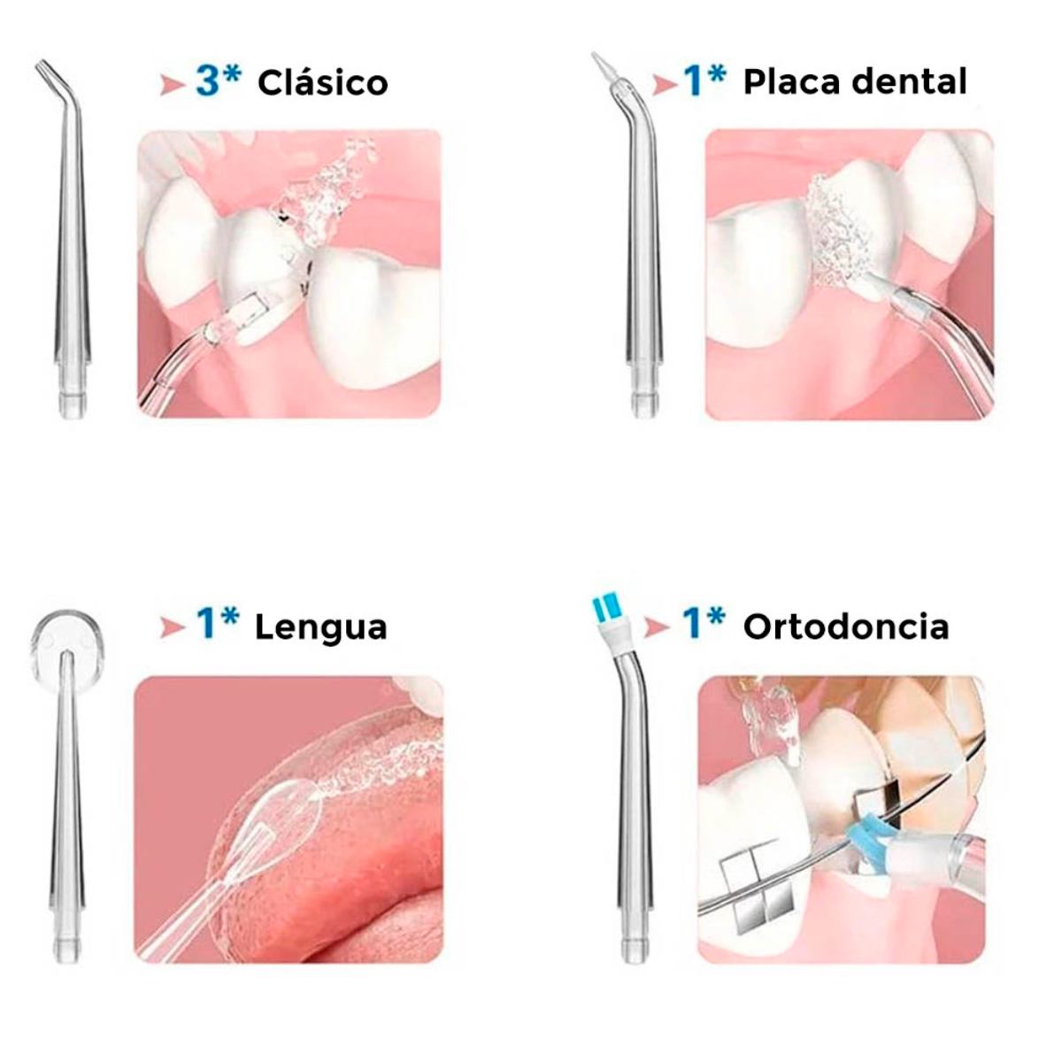 Se muestran cuatro puntas de irrigador dental, cada una con diferentes funciones de limpieza, con descripciones en español.