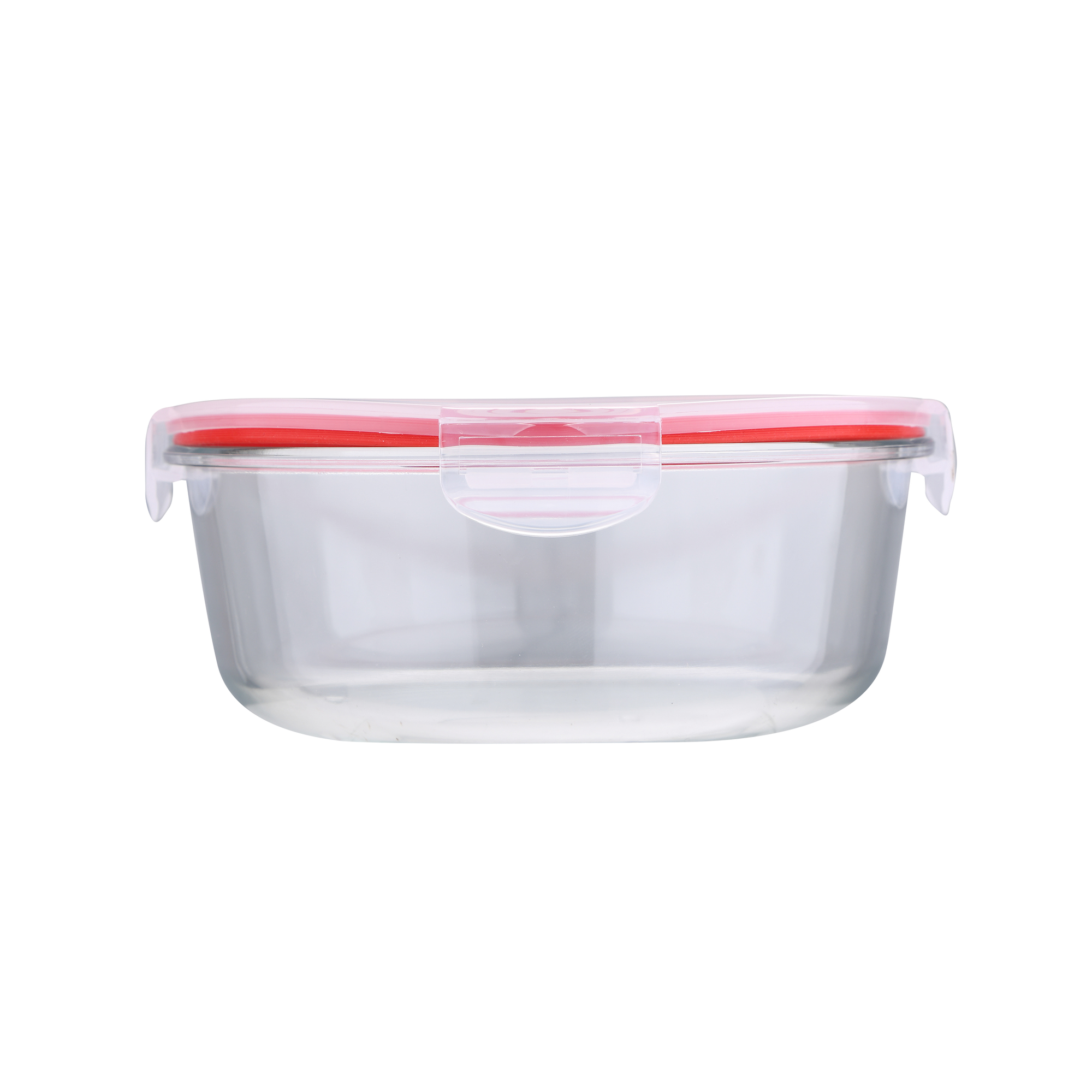 Recipiente rectangular de vidrio transparente para alimentos con tapa roja, fondo blanco.