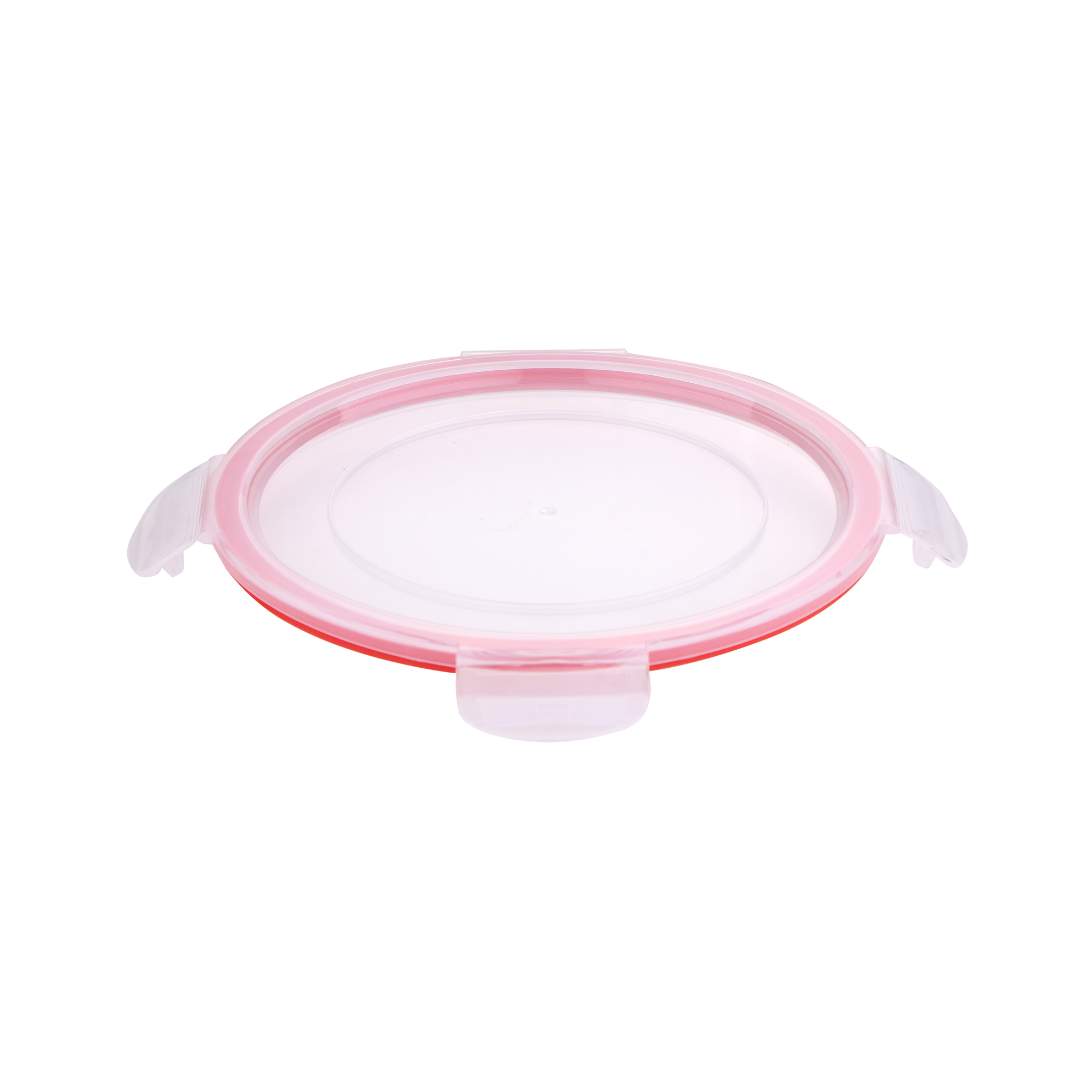 Una tapa transparente y redonda para recipientes de alimentos con borde rojo y fondo blanco. Vista superior.