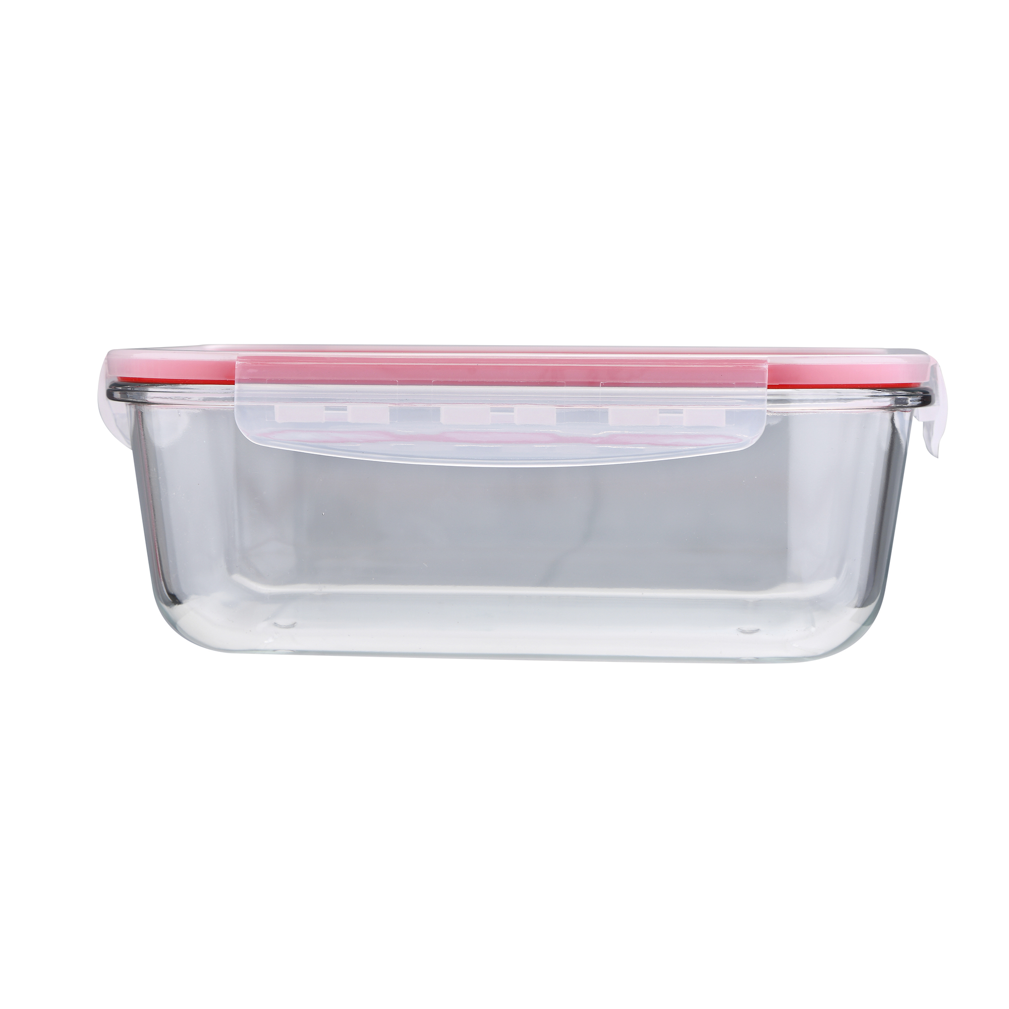Un recipiente de vidrio transparente con una tapa rosa y un cierre blanco. El recipiente es rectangular.