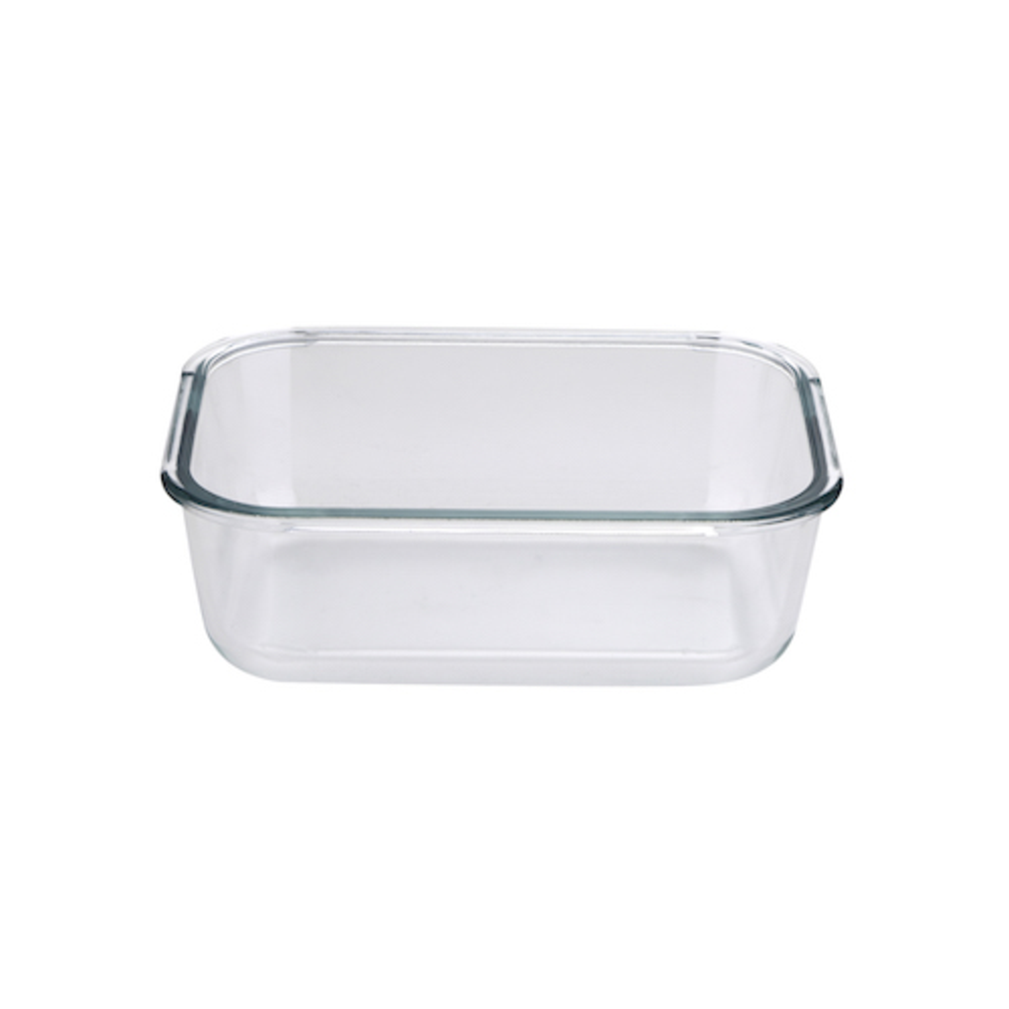 Una fuente de vidrio rectangular transparente, vacía, contra un fondo blanco.