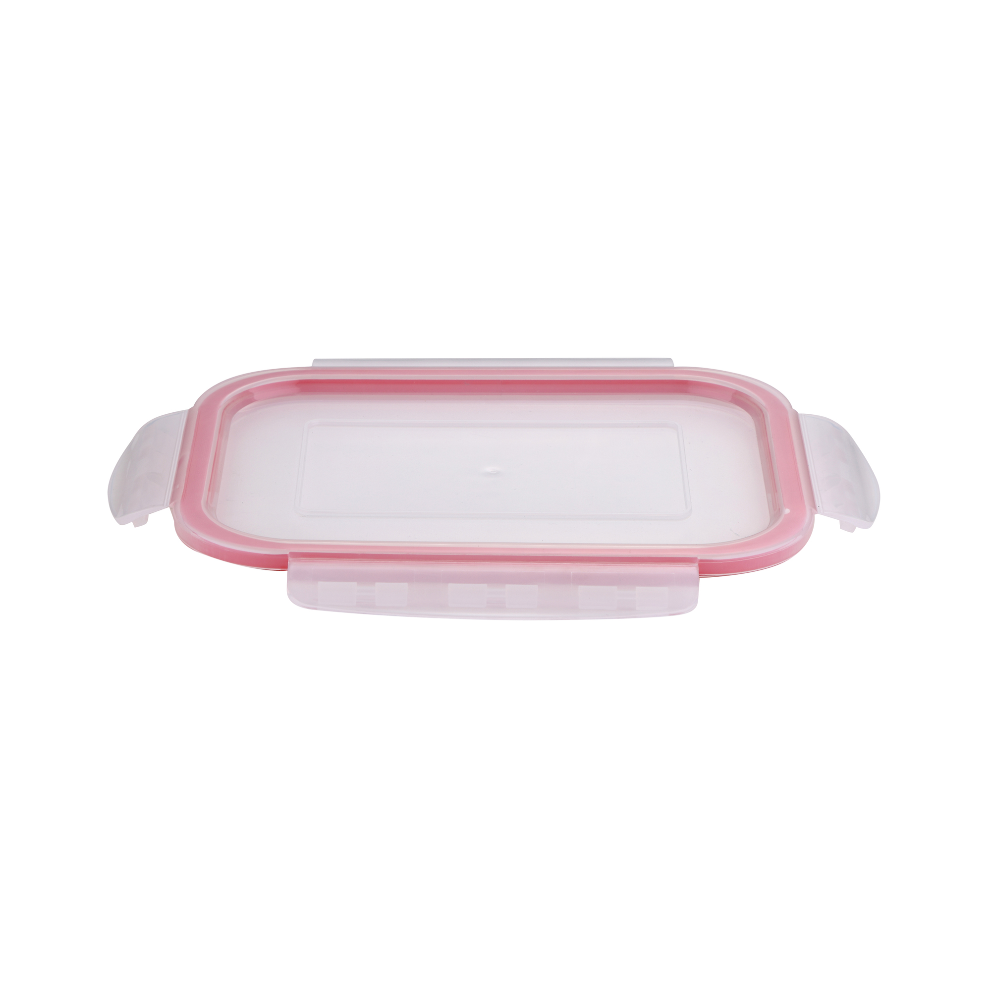 Tapa rectangular rosa y blanca para recipientes de alimentos. Fondo blanco.