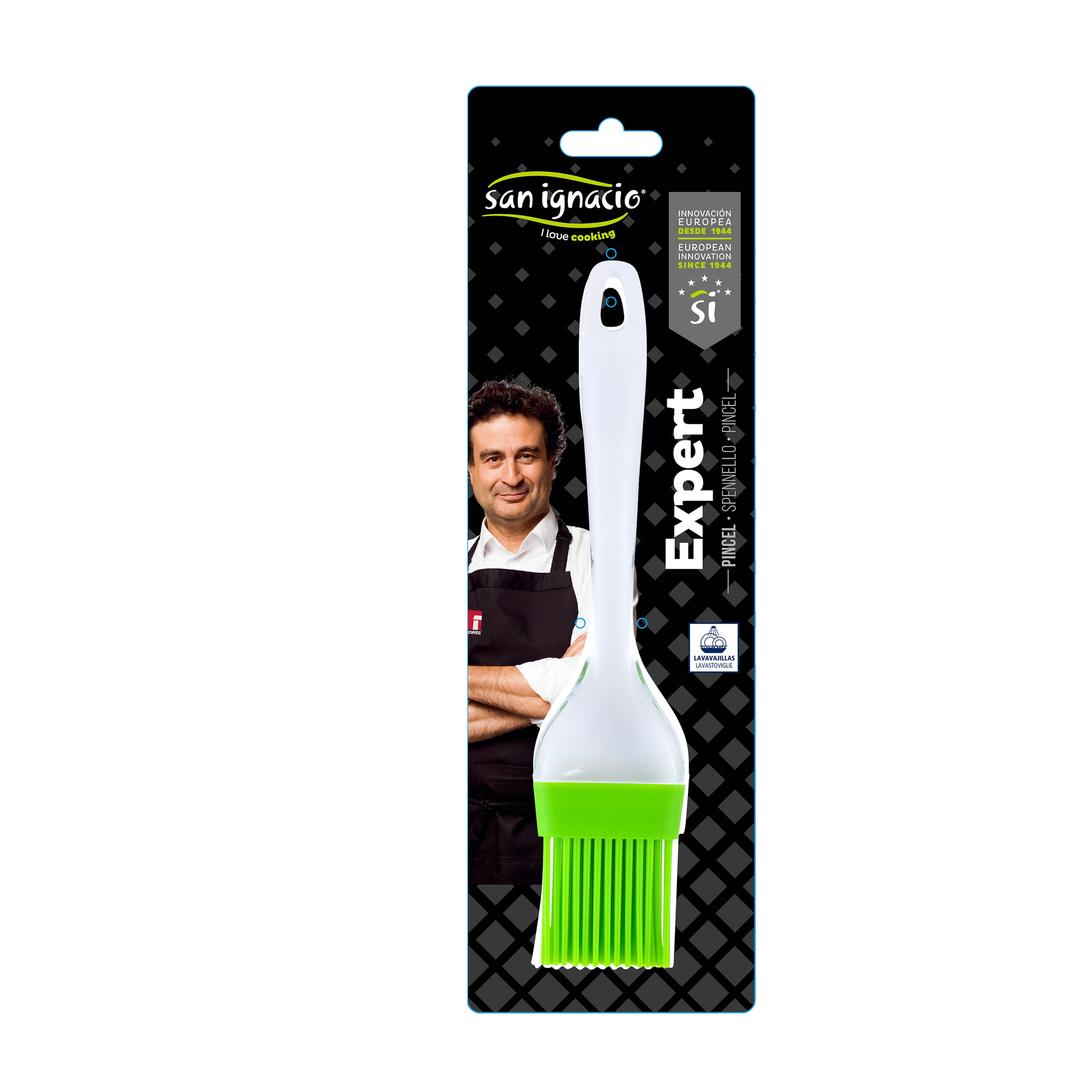 Brocha de pastelería verde y blanca en un paquete. Un chef aparece en el empaque.