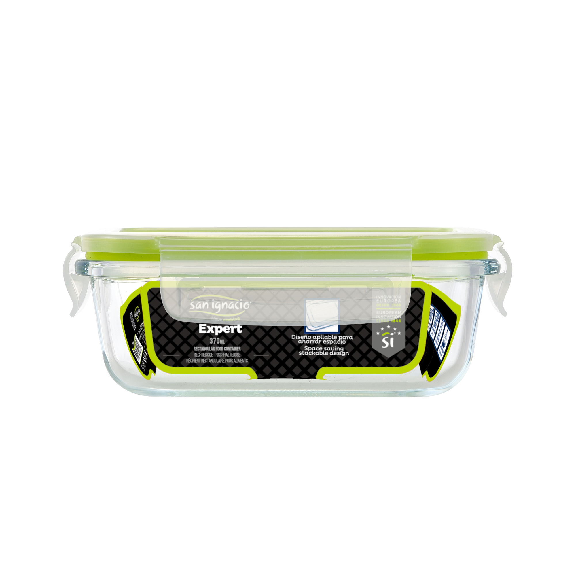 Un recipiente rectangular transparente para alimentos con tapa verde, etiquetado.