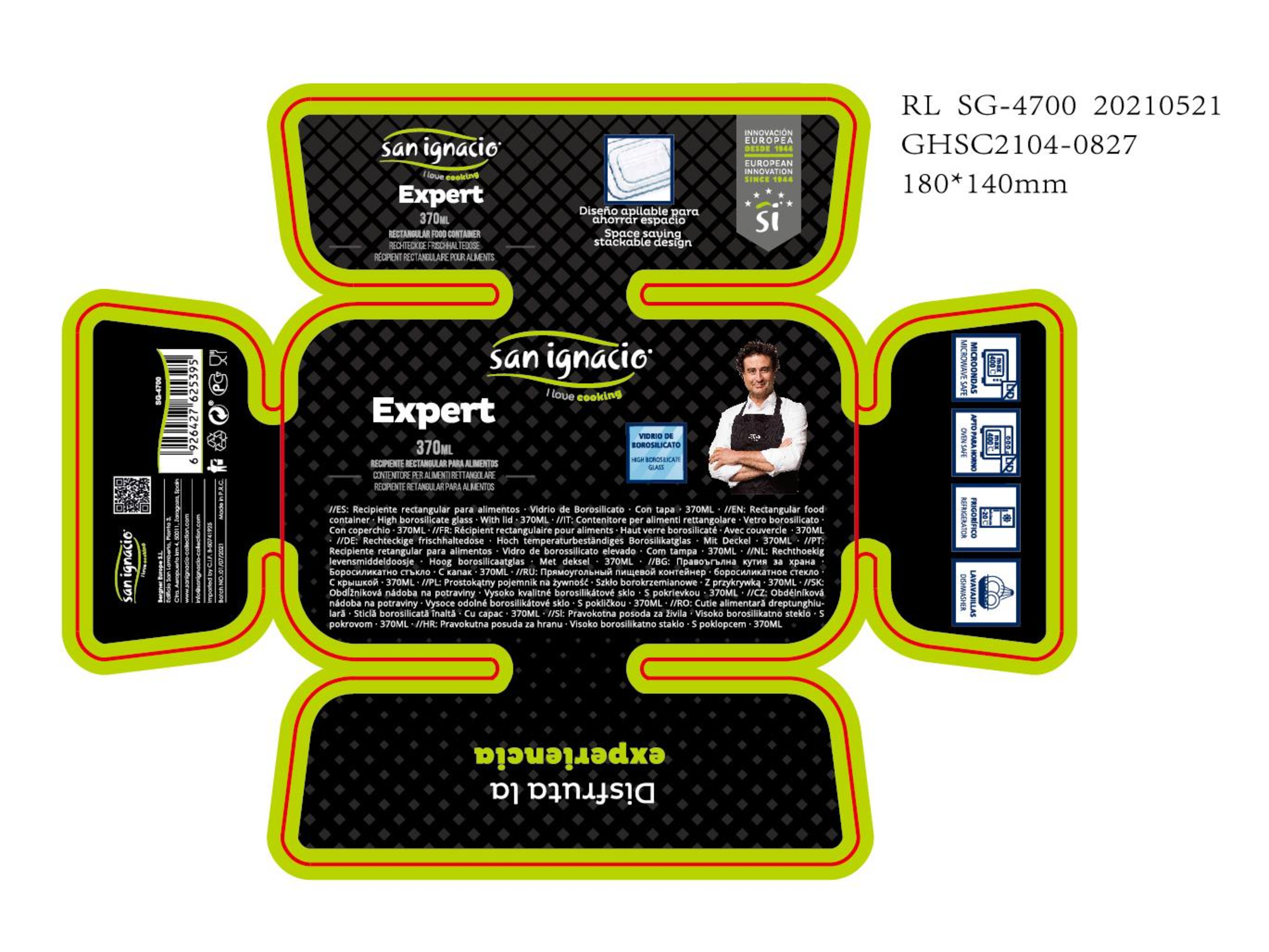 Caja plegada con diseño negro, verde y blanco. Contiene texto y una foto de un chef.