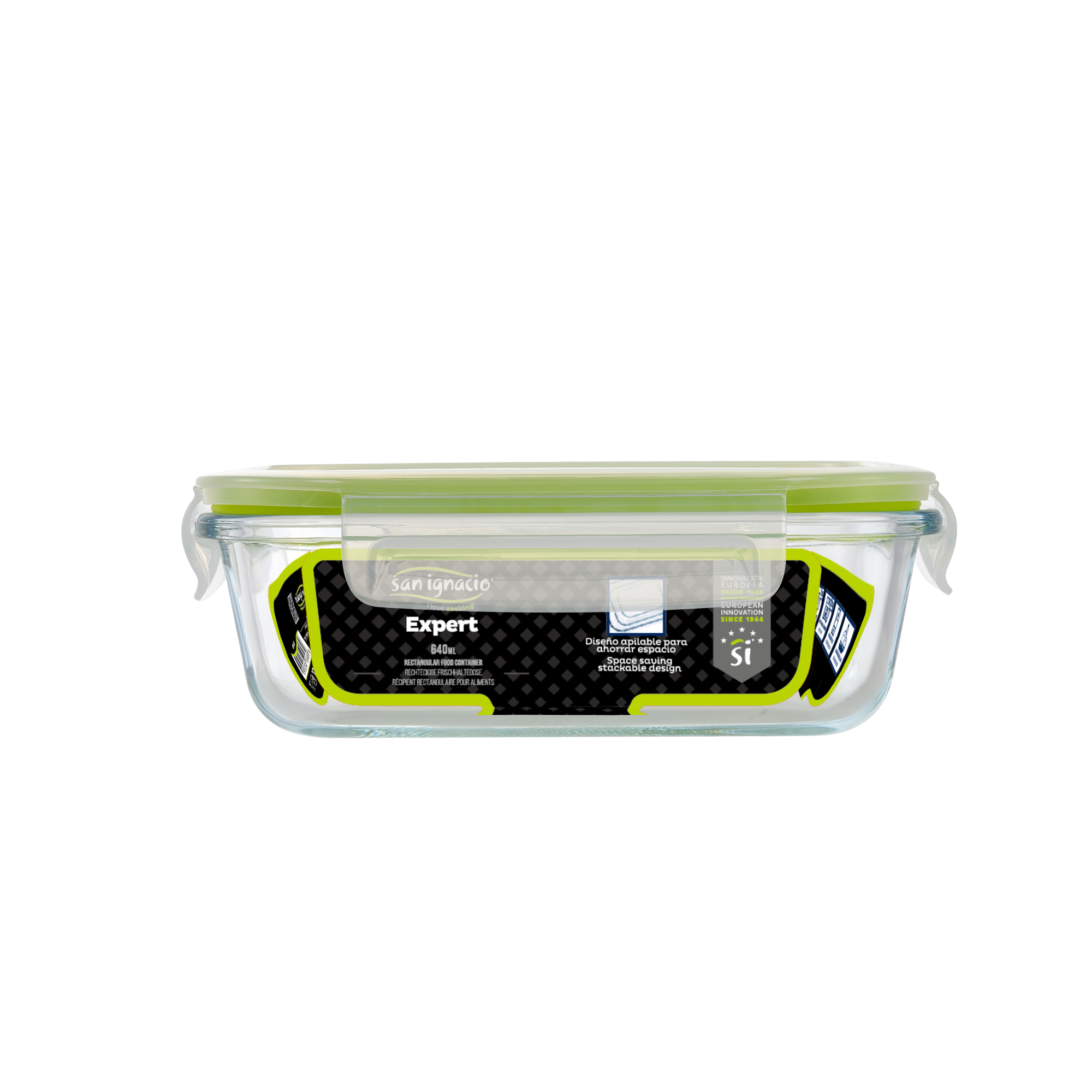 Contenedor rectangular de vidrio para alimentos con tapa verde. El contenedor tiene una etiqueta negra.