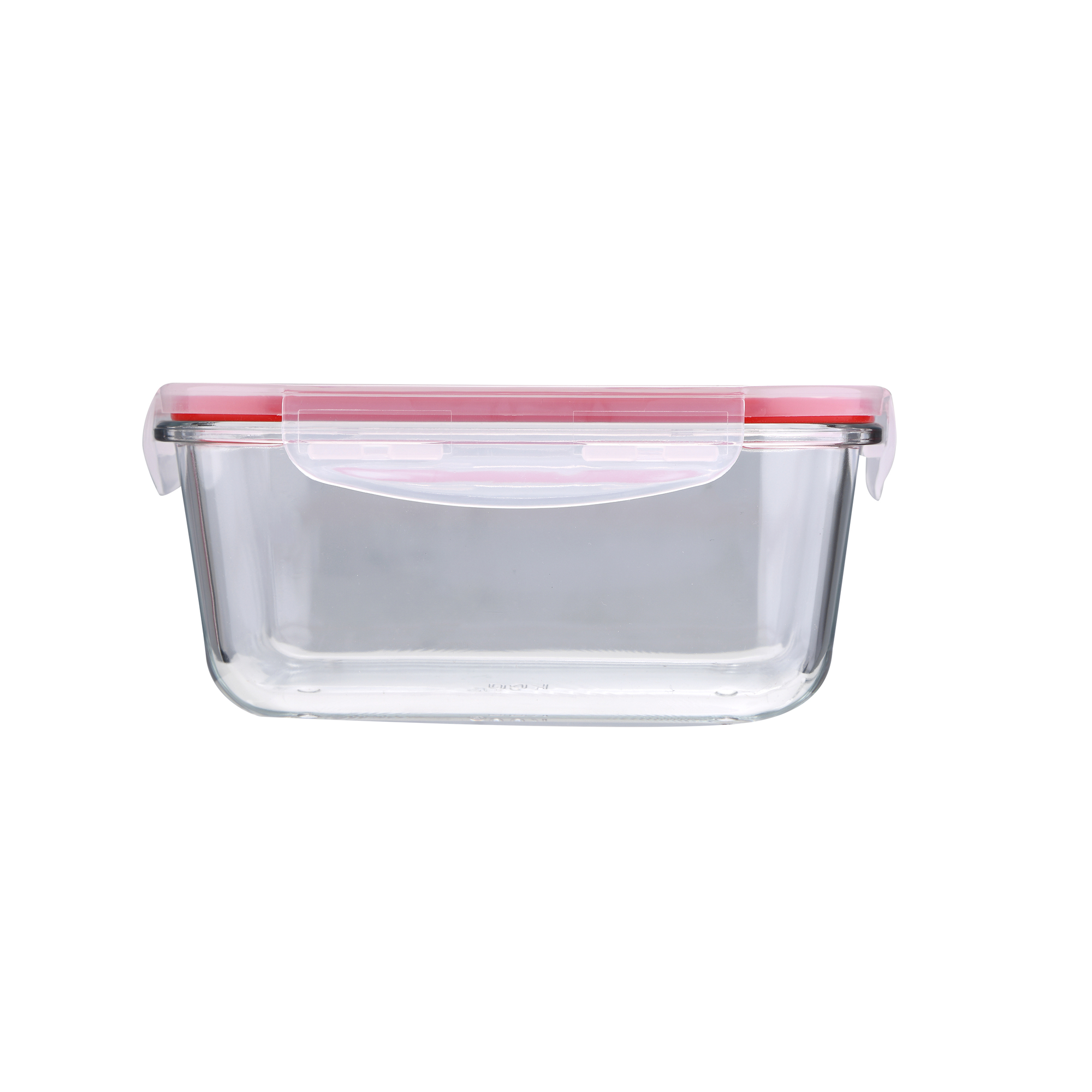 Recipiente rectangular de vidrio para alimentos con tapa roja, sobre fondo blanco.