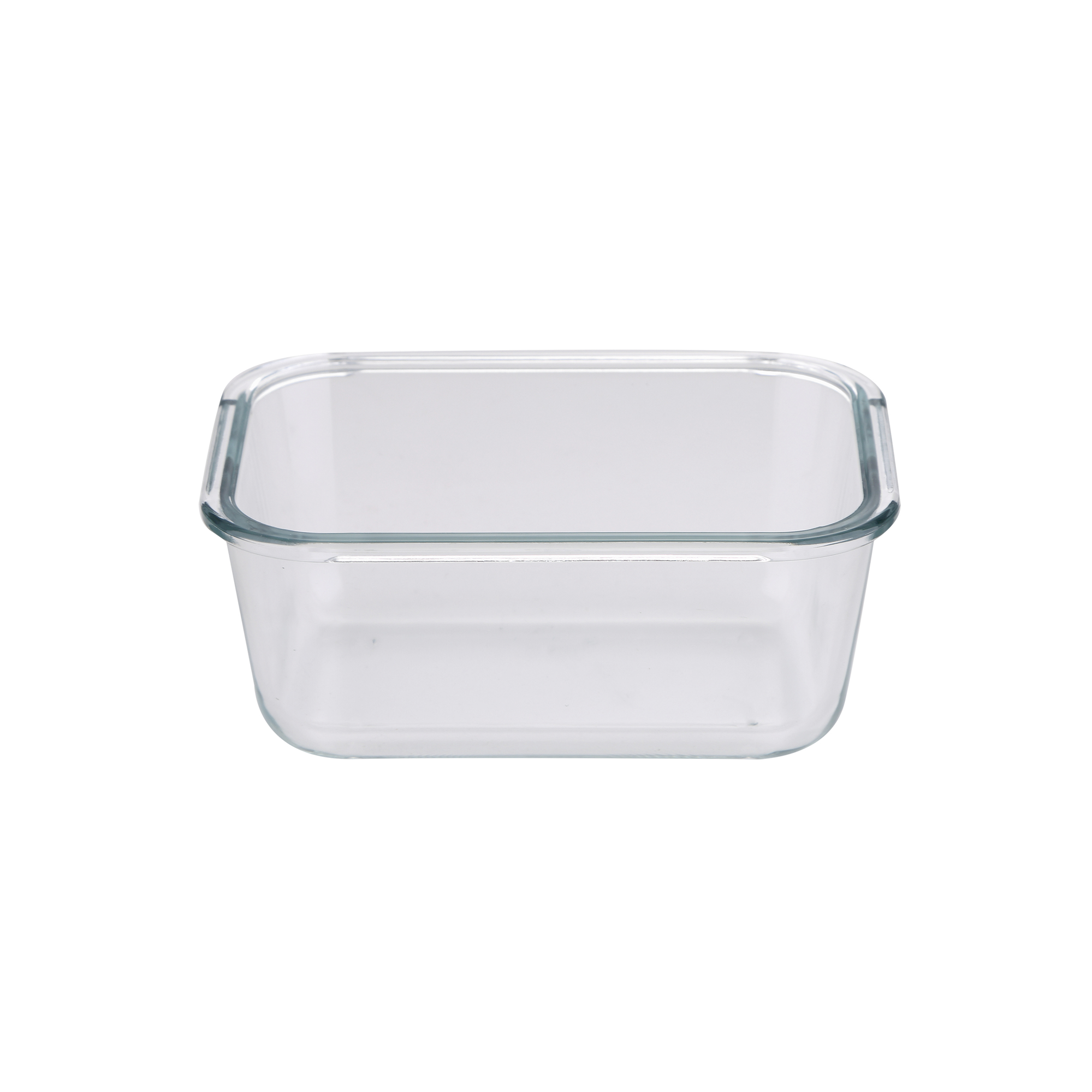 Un recipiente rectangular de vidrio transparente sobre un fondo blanco.