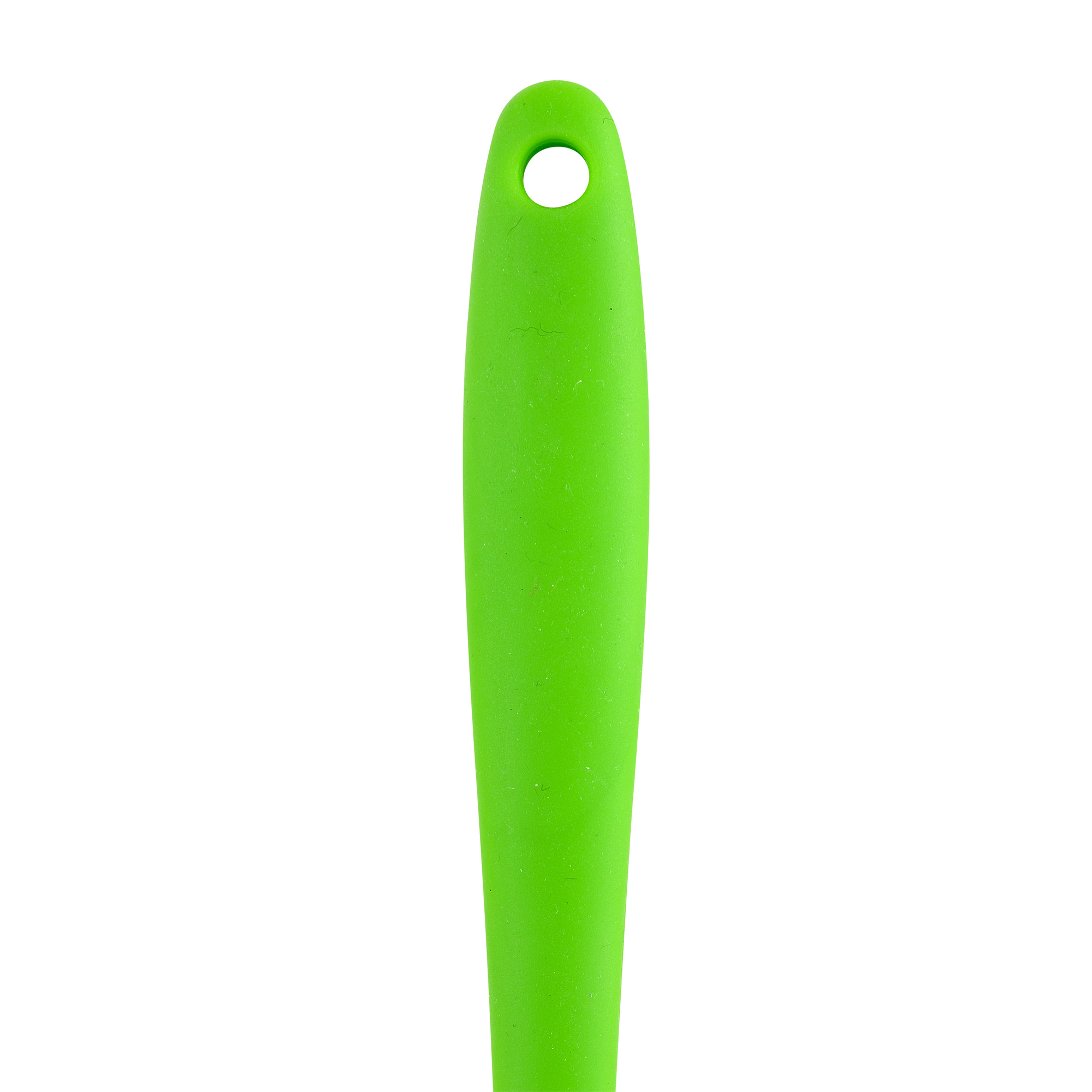 Mango de espátula verde con un agujero en el extremo. Fondo blanco.