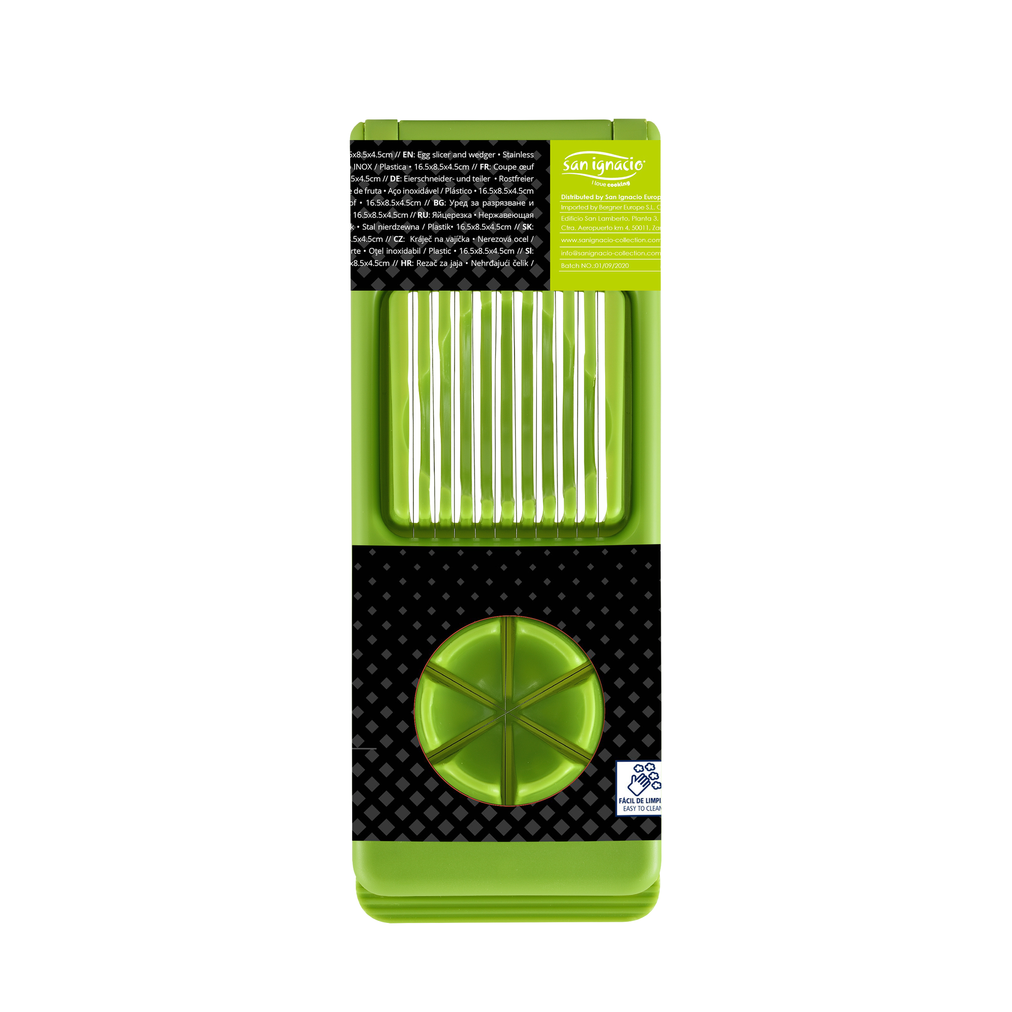 Cortador de huevos verde con rejilla y texto, sobre fondo blanco.