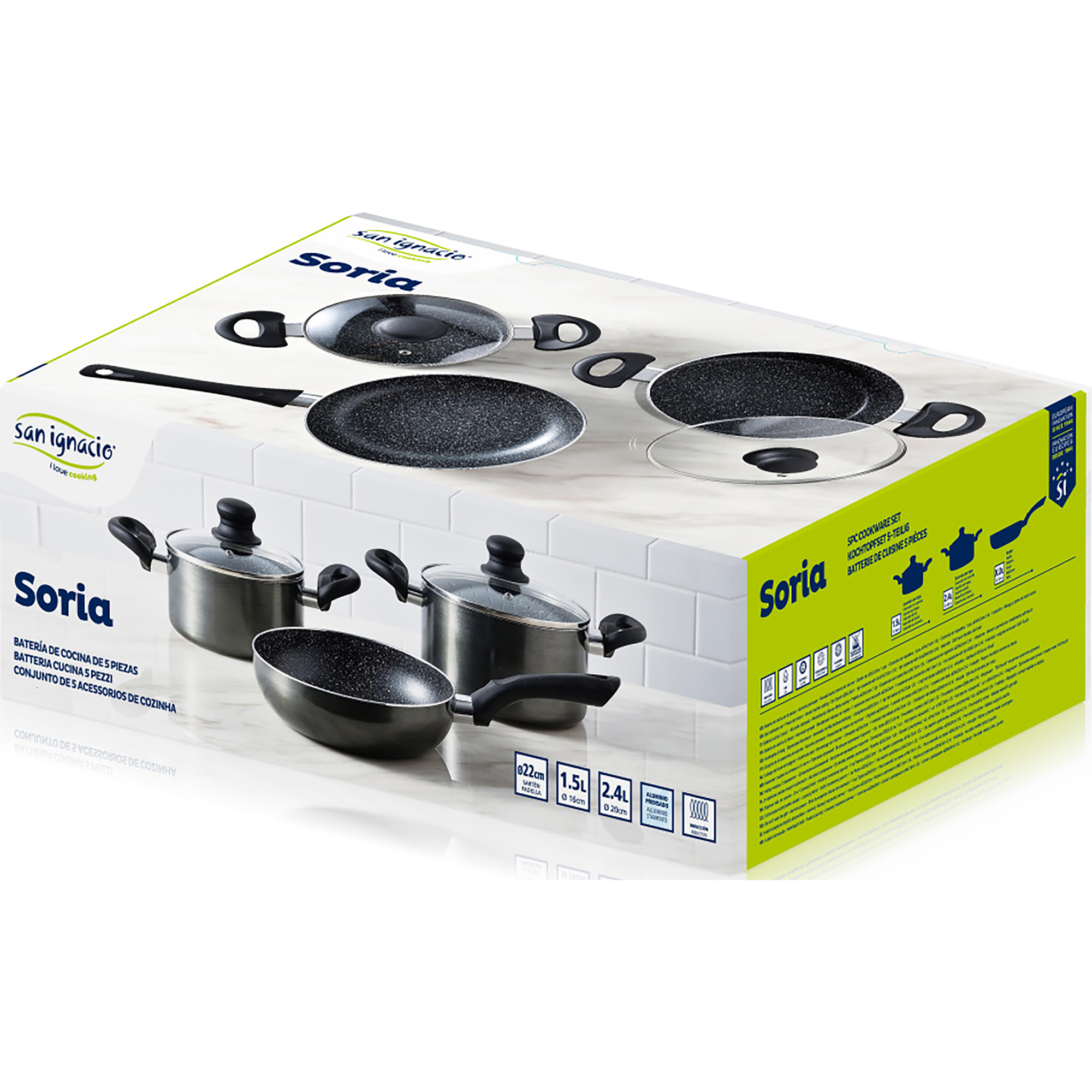 Caja de juego de utensilios de cocina con ollas y sartenes, negro y plata.