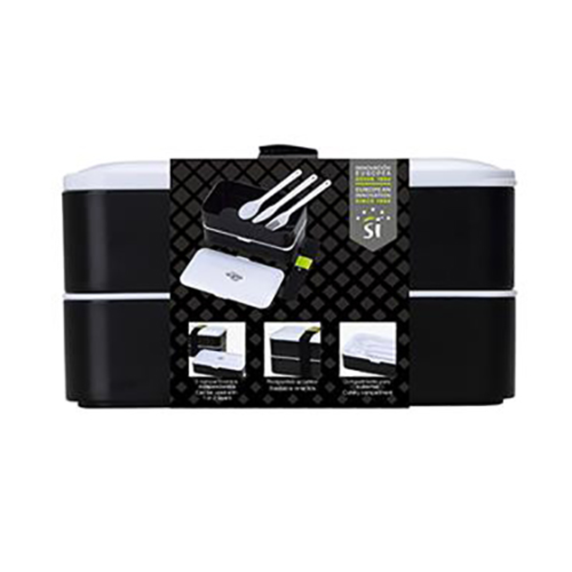Un juego de caja bento en blanco y negro con asa y accesorios.