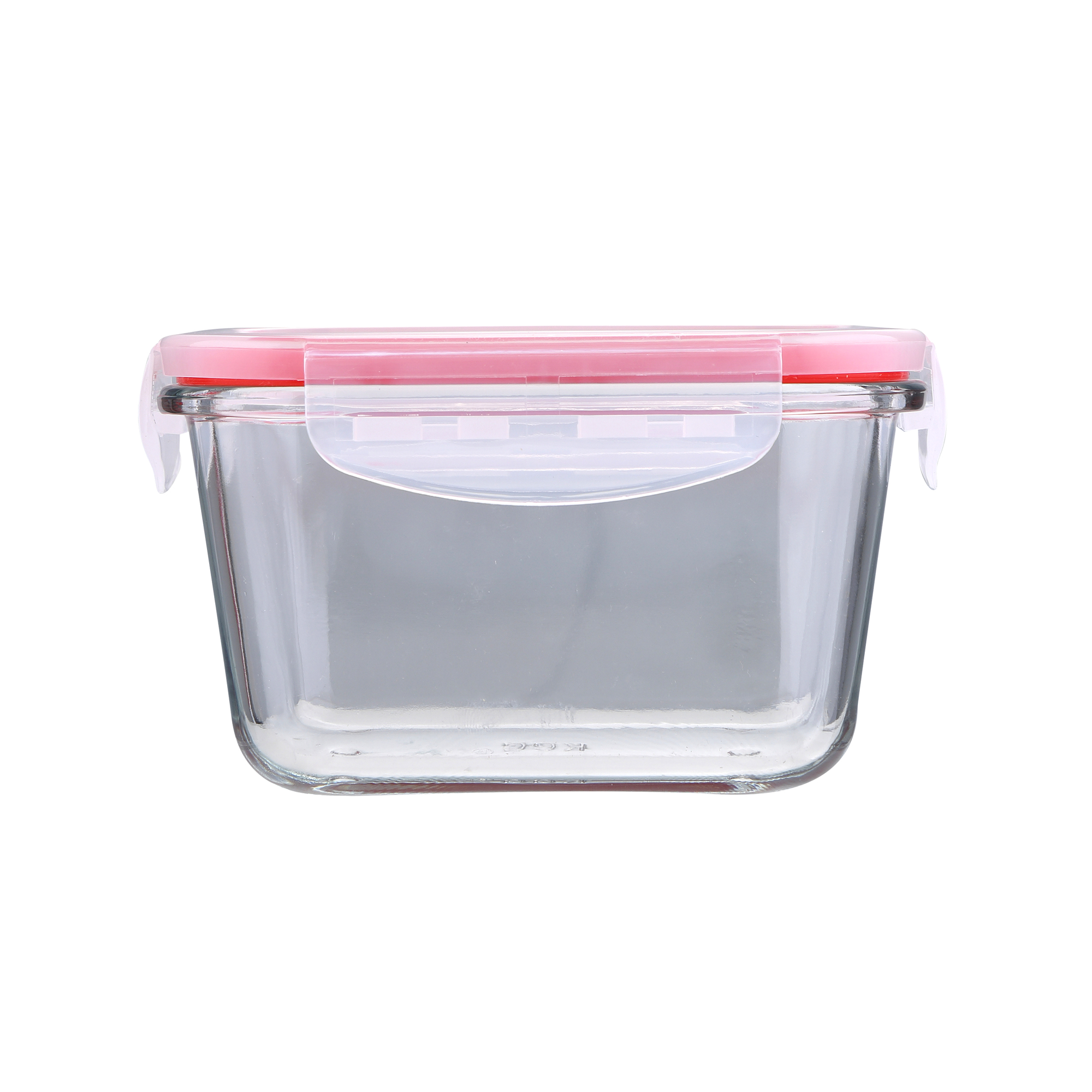 Contenedor de vidrio para alimentos con tapa roja sobre fondo blanco.