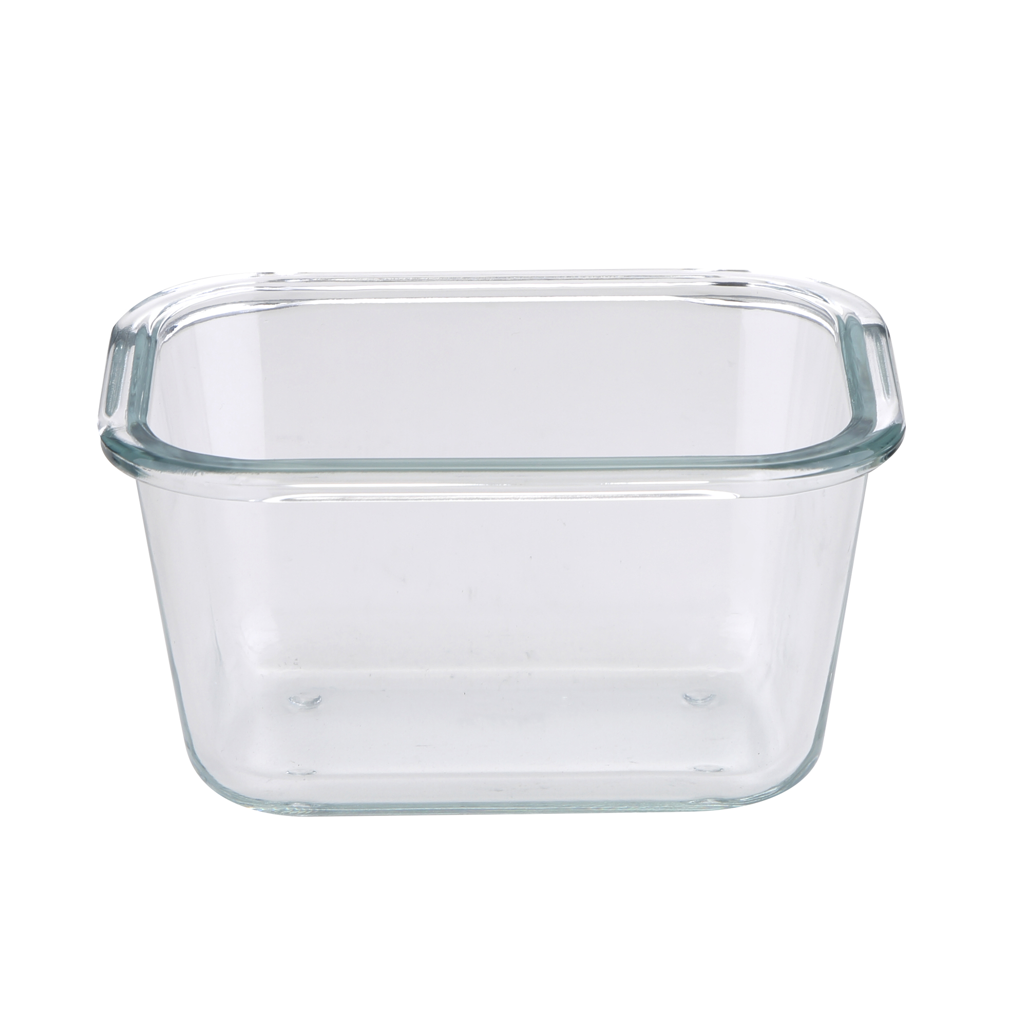 Un recipiente cuadrado de vidrio transparente con un diseño transparente, sobre un fondo blanco.